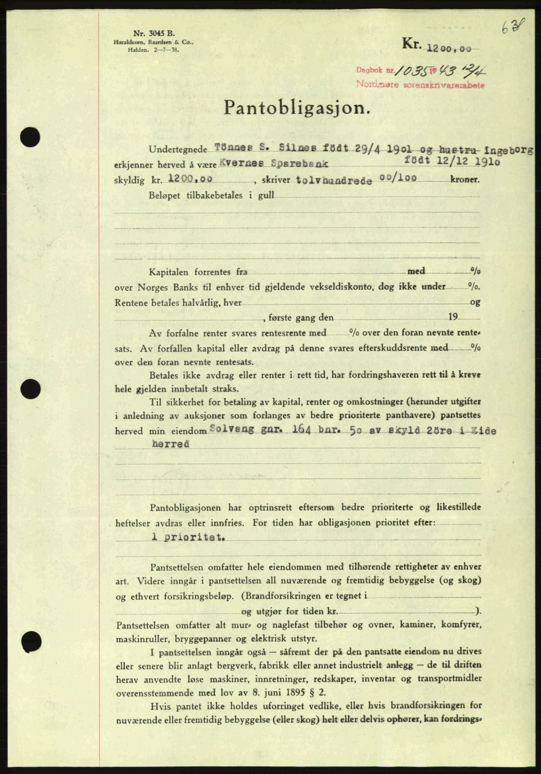 Nordmøre sorenskriveri, AV/SAT-A-4132/1/2/2Ca: Mortgage book no. B90, 1942-1943, Diary no: : 1035/1943