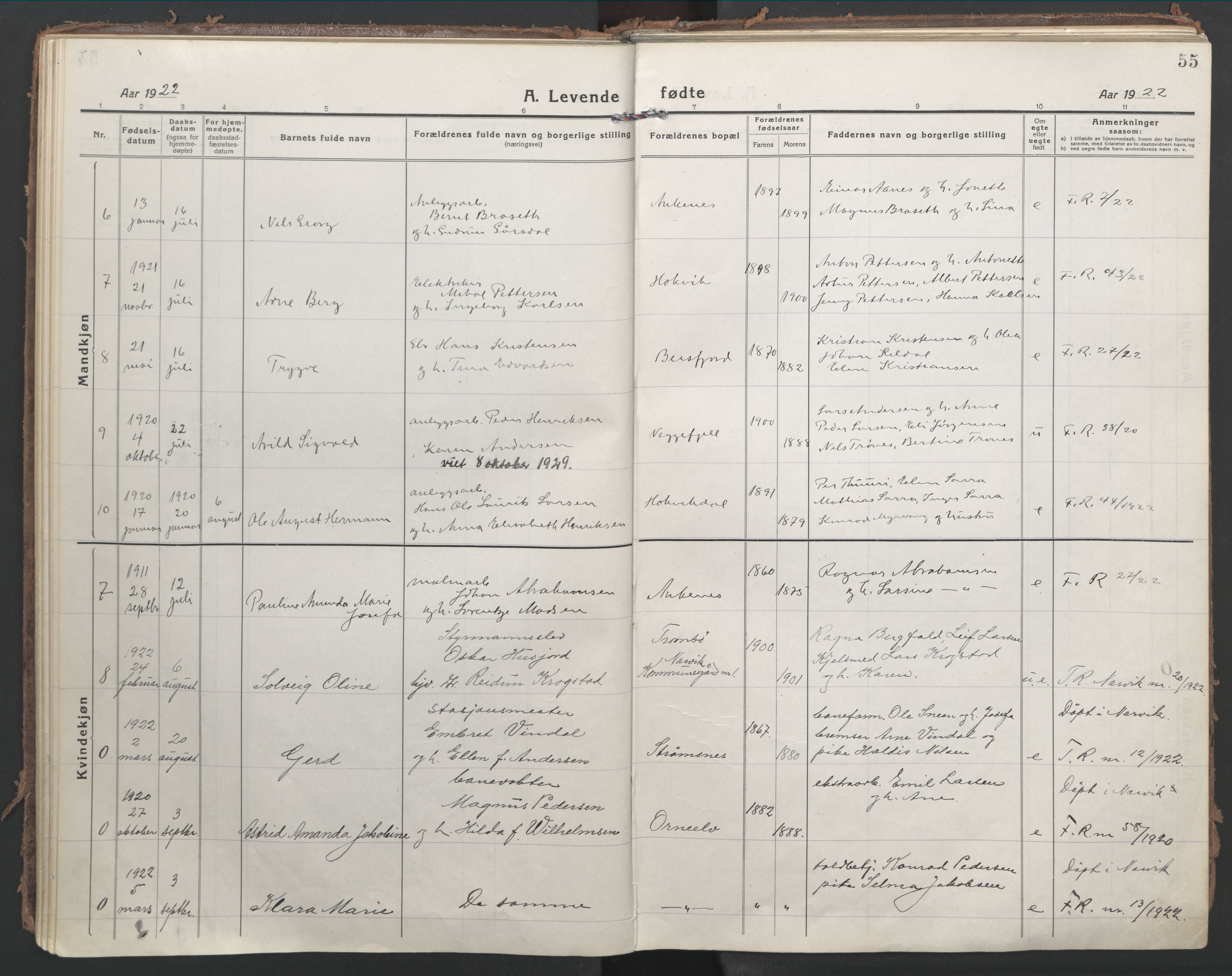 Ministerialprotokoller, klokkerbøker og fødselsregistre - Nordland, SAT/A-1459/866/L0945: Parish register (official) no. 866A08, 1917-1935, p. 55