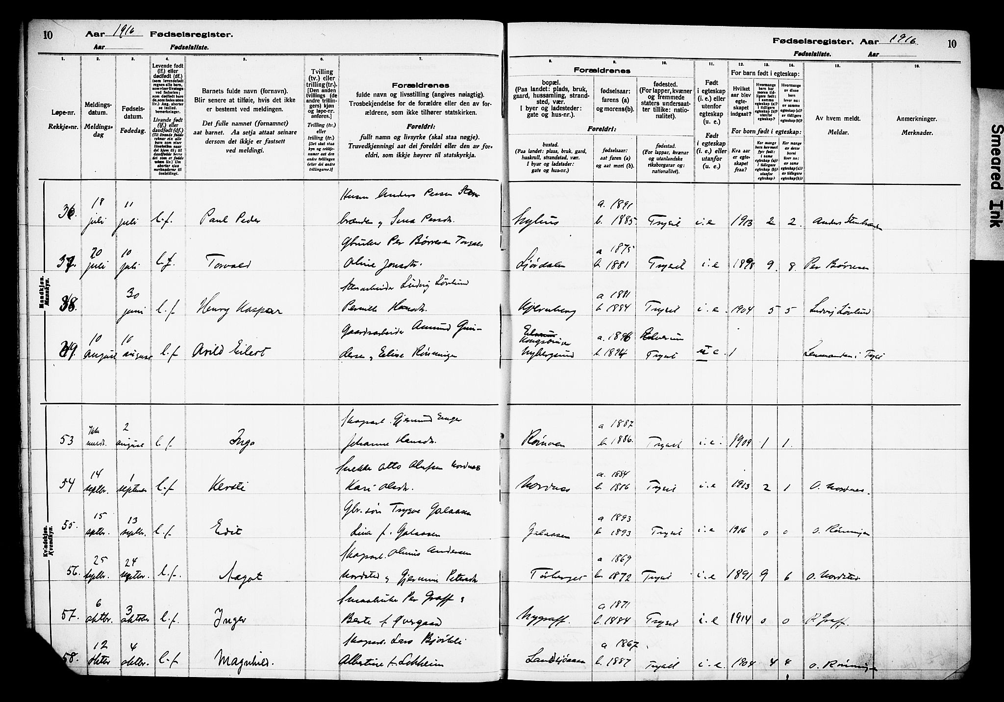 Trysil prestekontor, AV/SAH-PREST-046/I/Id/Ida/L0001: Birth register no. I 1, 1916-1927, p. 10