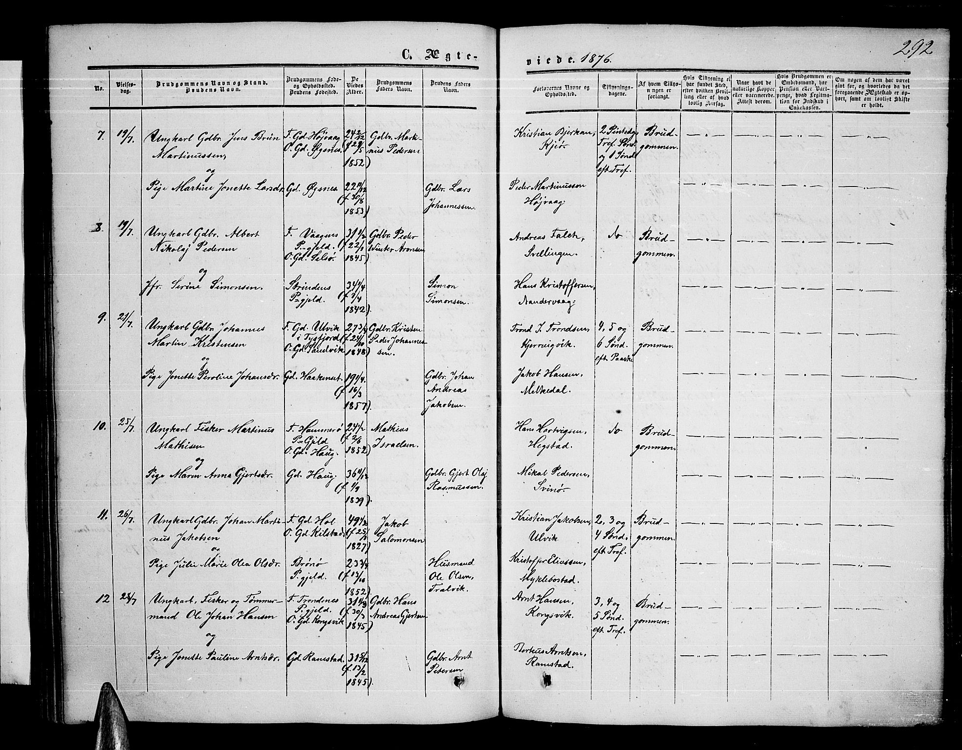 Ministerialprotokoller, klokkerbøker og fødselsregistre - Nordland, AV/SAT-A-1459/872/L1046: Parish register (copy) no. 872C02, 1852-1879, p. 292