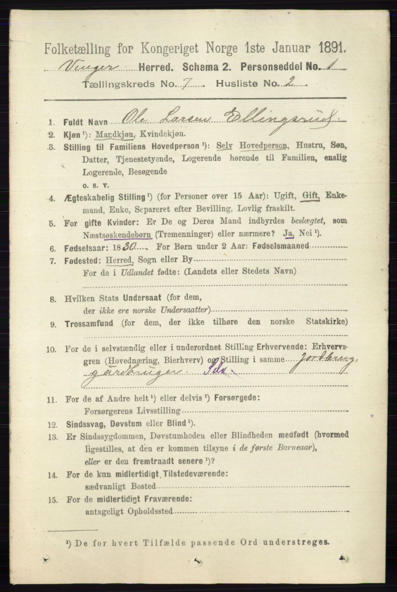 RA, 1891 census for 0421 Vinger, 1891, p. 3237