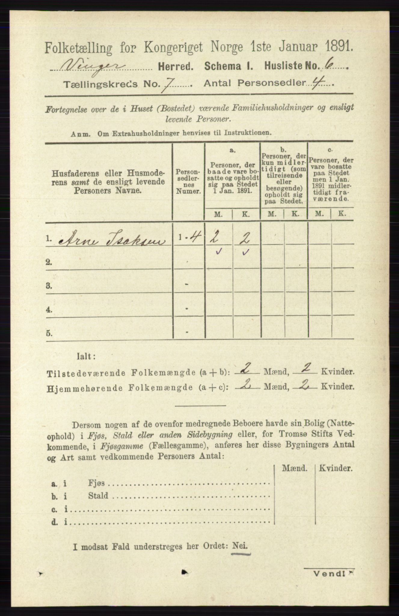 RA, 1891 census for 0421 Vinger, 1891, p. 3180