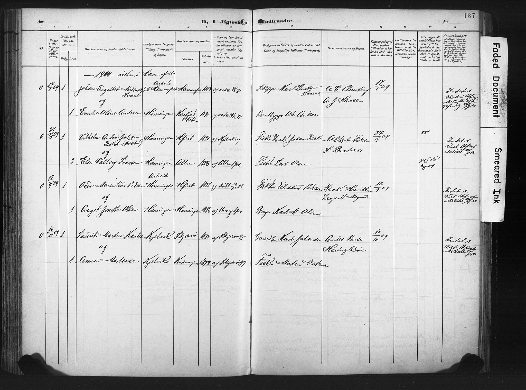 Måsøy sokneprestkontor, SATØ/S-1348/H/Ha/L0008kirke: Parish register (official) no. 8, 1900-1910, p. 137