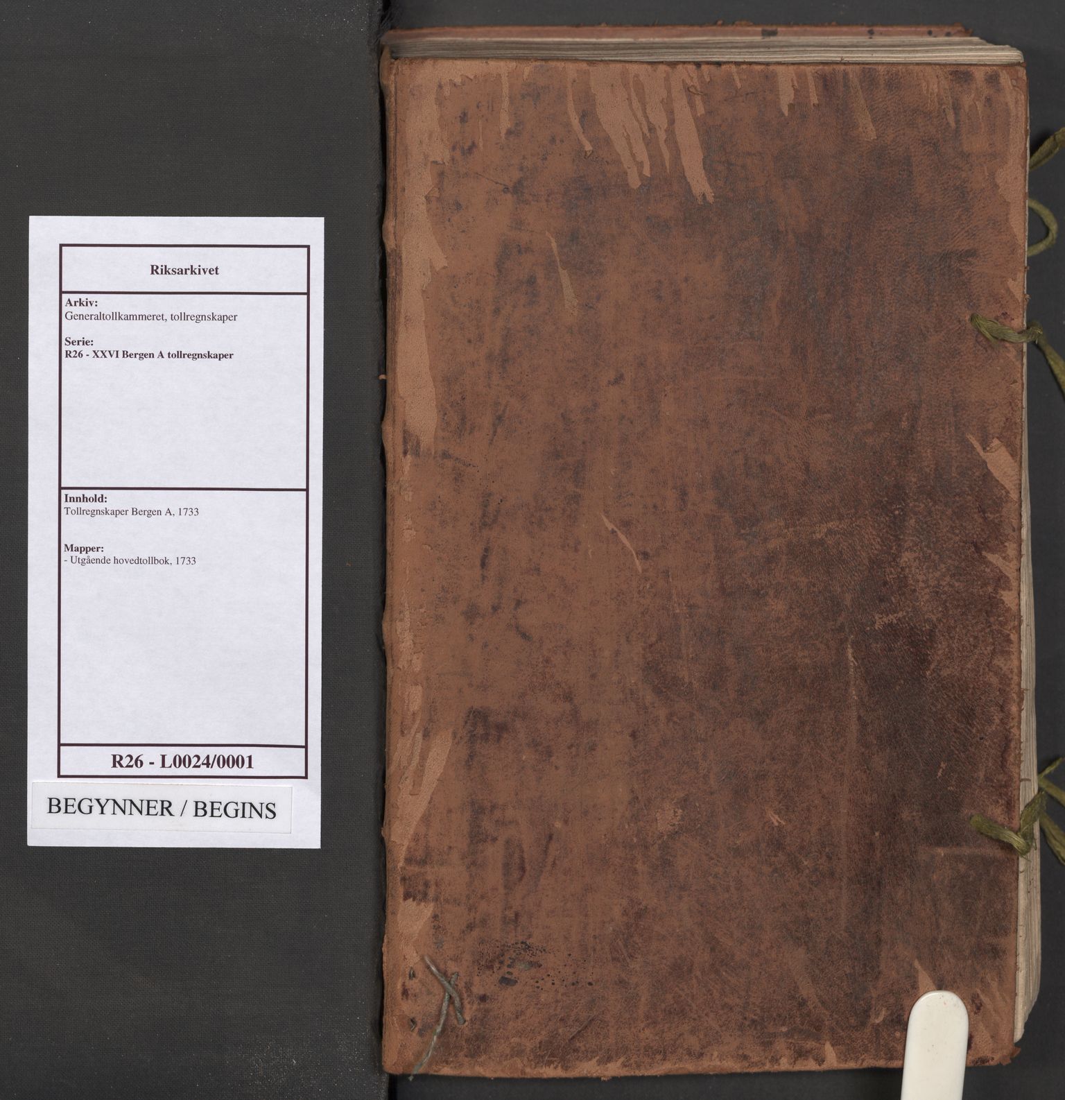 Generaltollkammeret, tollregnskaper, AV/RA-EA-5490/R26/L0024/0001: Tollregnskaper Bergen A / Utgående hovedtollbok, 1733