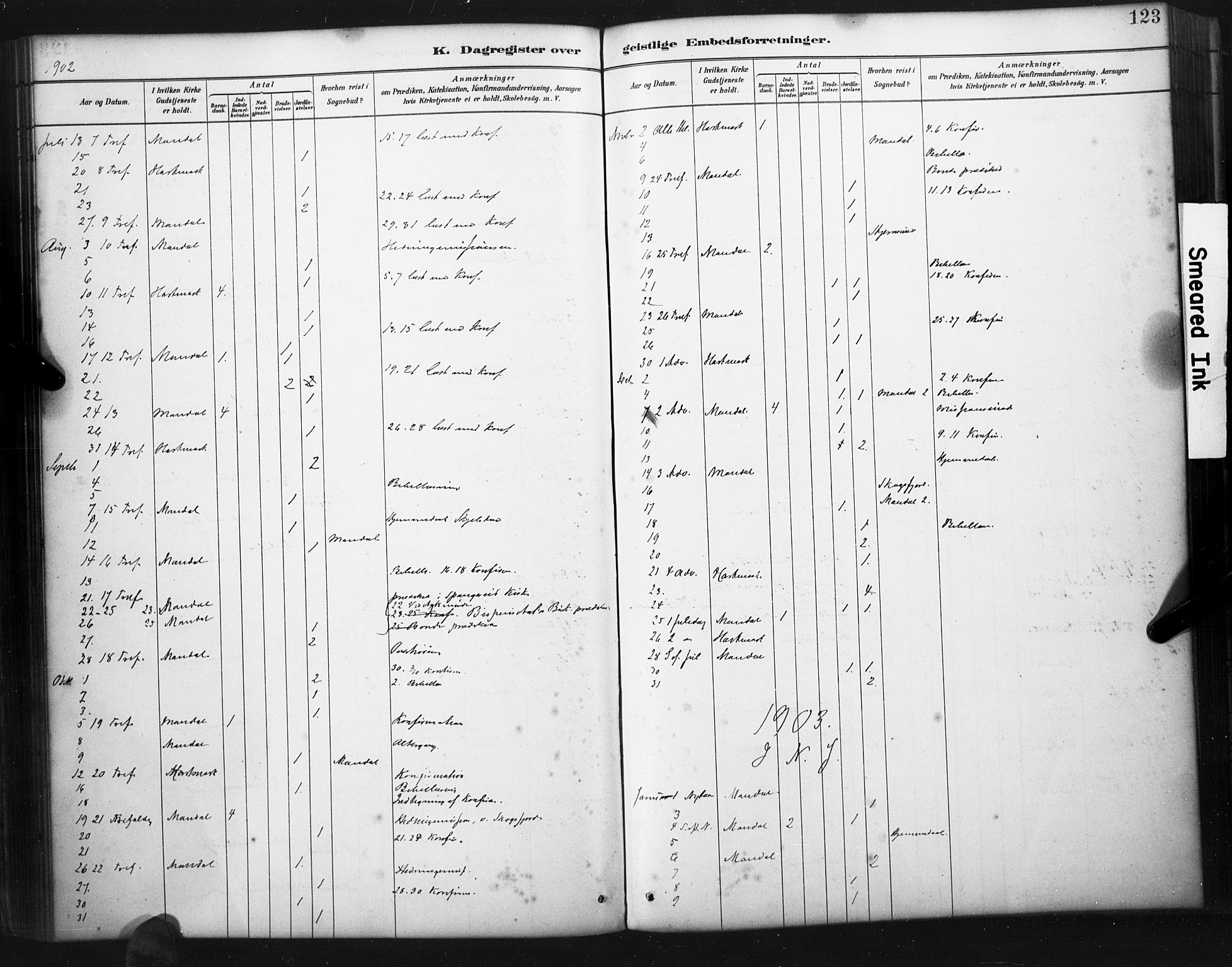 Mandal sokneprestkontor, AV/SAK-1111-0030/F/Fa/Faa/L0017: Parish register (official) no. A 17, 1880-1926, p. 123