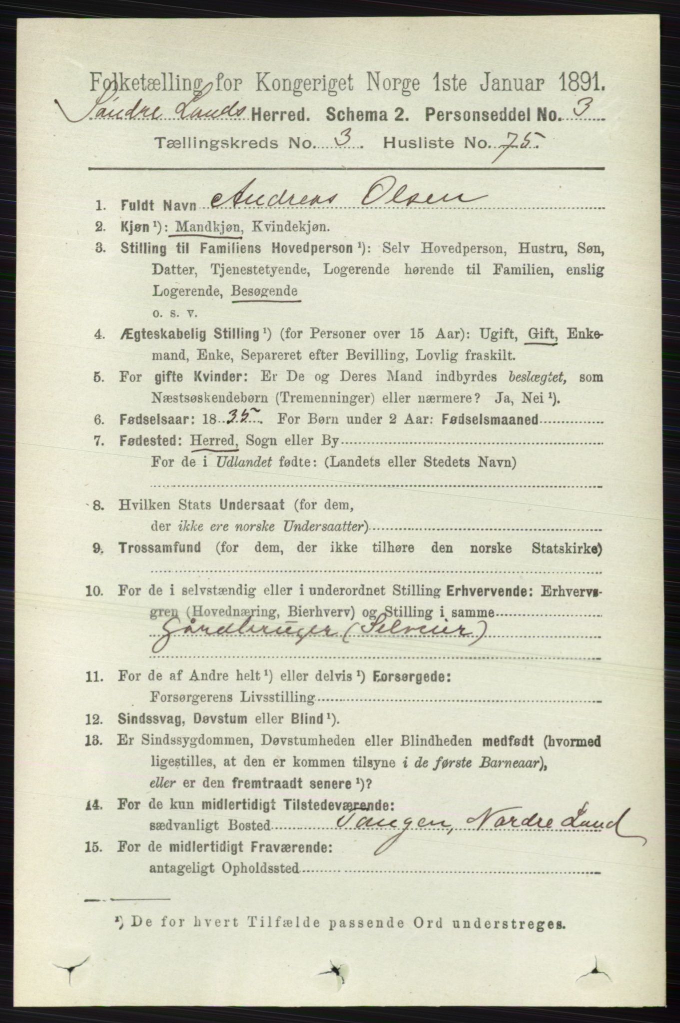 RA, 1891 census for 0536 Søndre Land, 1891, p. 2932