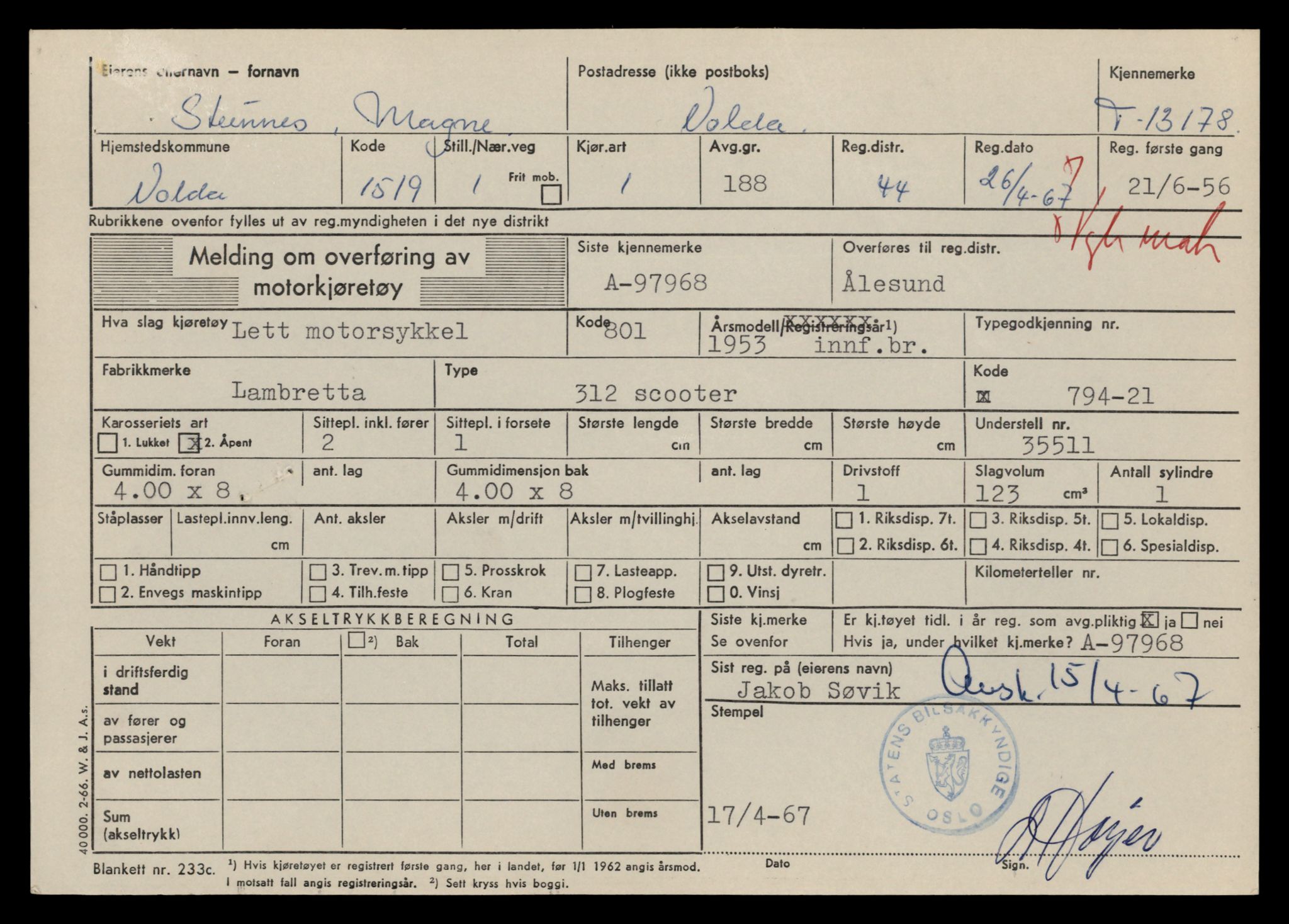 Møre og Romsdal vegkontor - Ålesund trafikkstasjon, AV/SAT-A-4099/F/Fe/L0037: Registreringskort for kjøretøy T 13031 - T 13179, 1927-1998, p. 2848