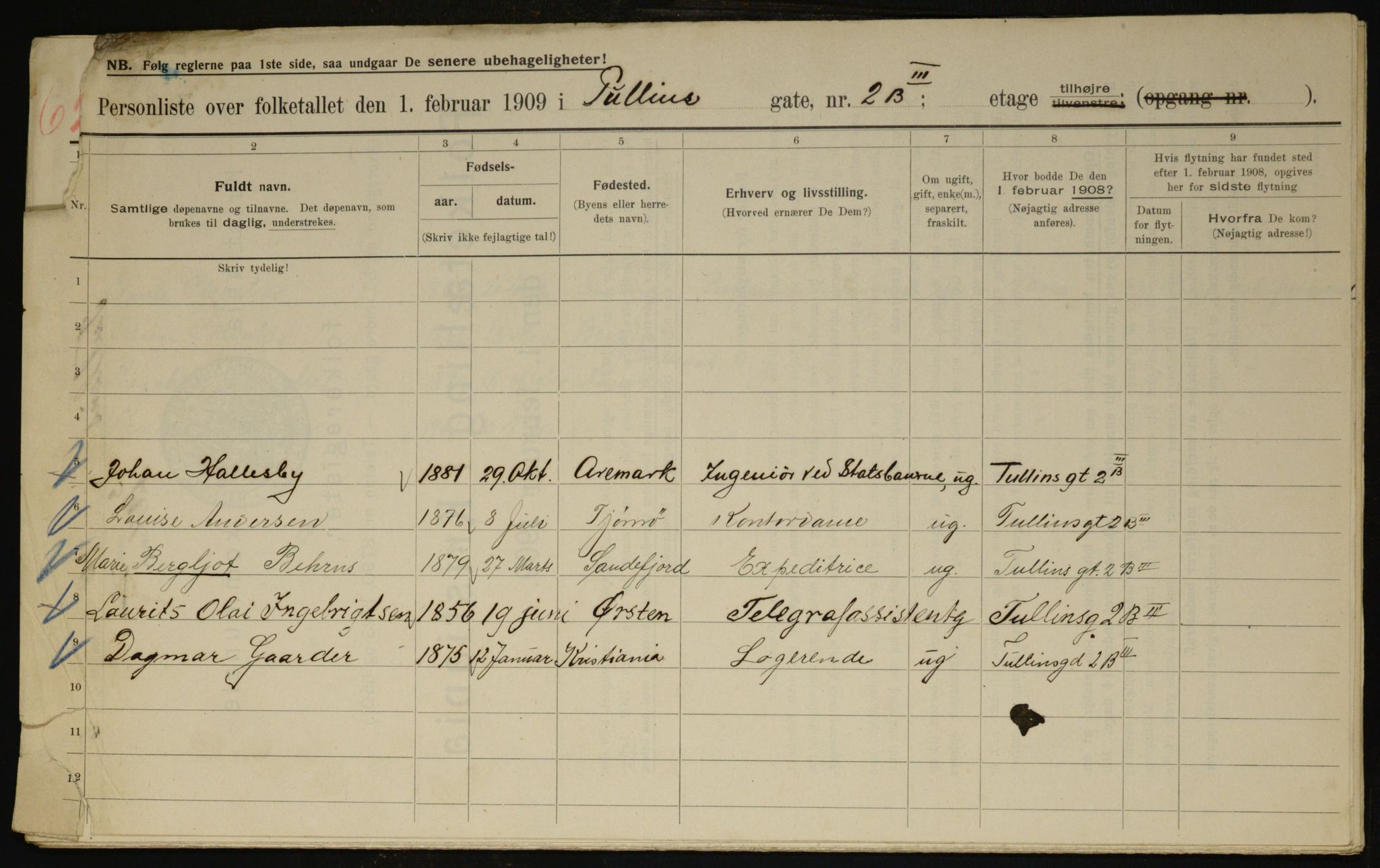 OBA, Municipal Census 1909 for Kristiania, 1909, p. 106385