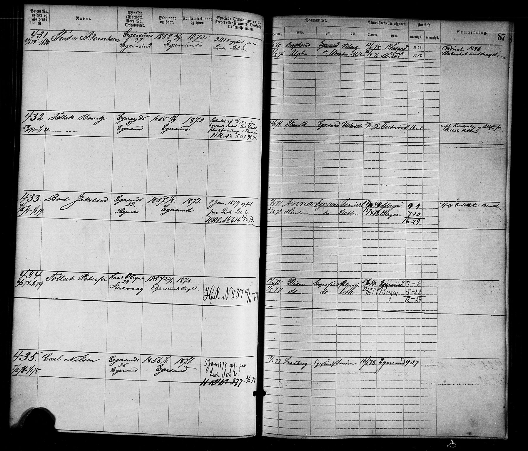 Egersund mønstringskrets, AV/SAK-2031-0019/F/Fa/L0001: Annotasjonsrulle nr 1-1440 med register, O-1, 1869-1895, p. 103