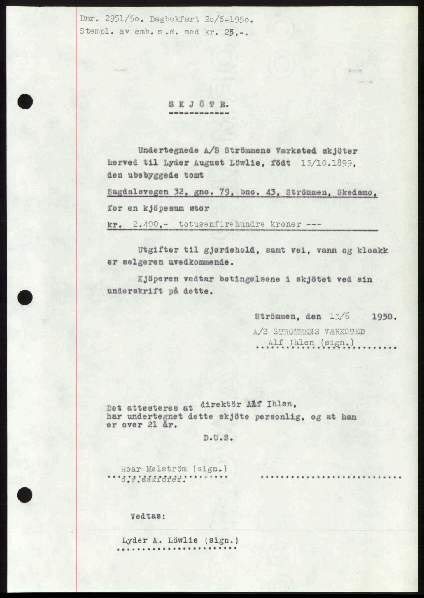 Nedre Romerike sorenskriveri, SAO/A-10469/G/Gb/Gbd/L0030: Mortgage book no. 30, 1950-1950, Diary no: : 2951/1950