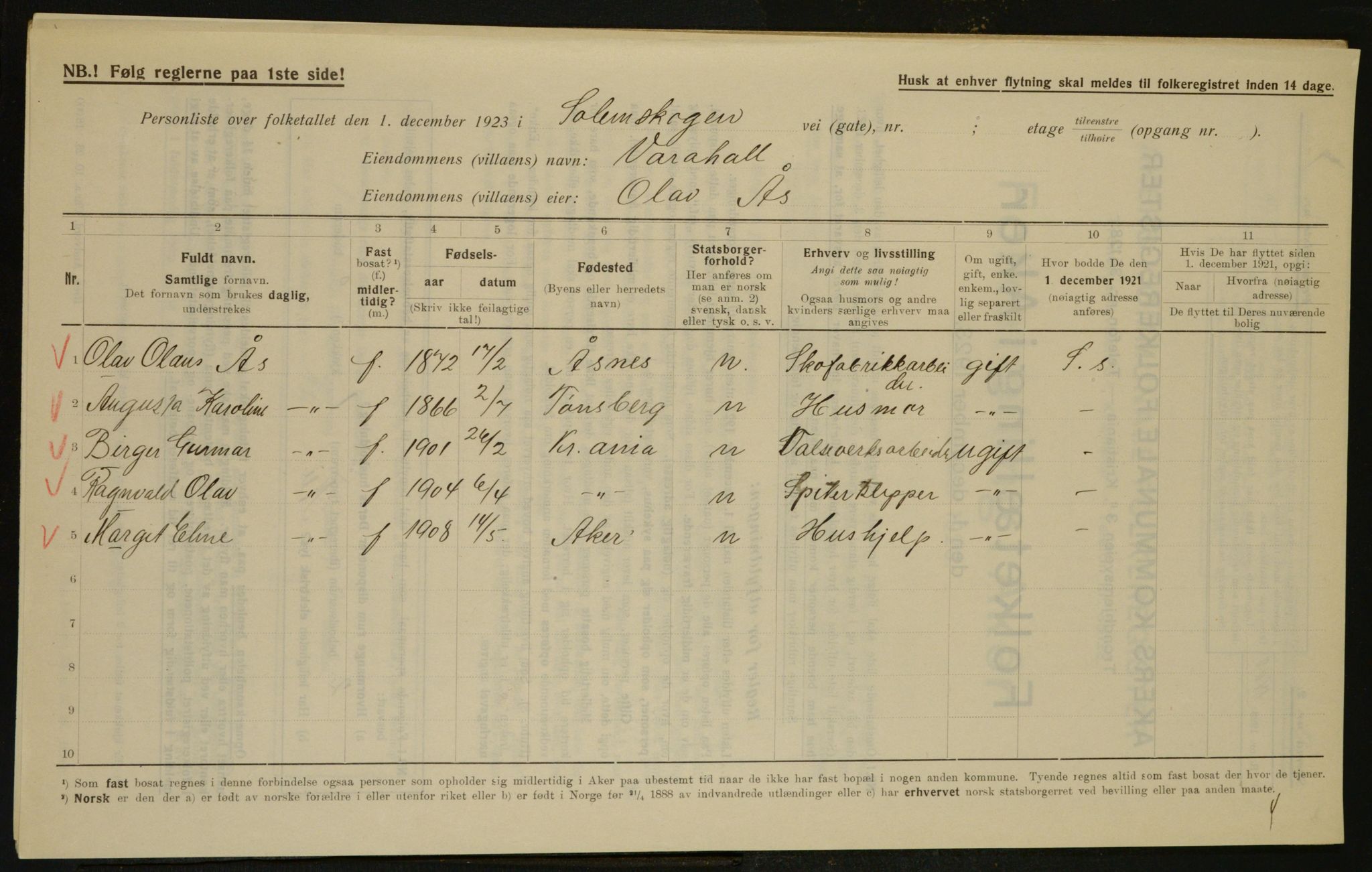 , Municipal Census 1923 for Aker, 1923, p. 31259