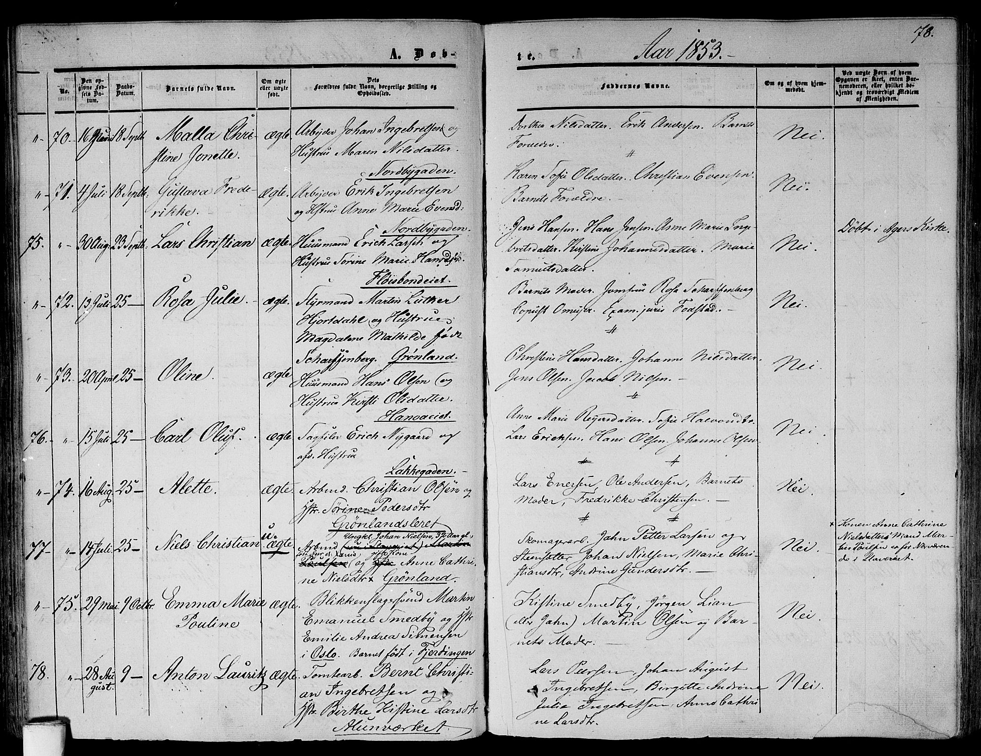 Gamlebyen prestekontor Kirkebøker, SAO/A-10884/F/Fa/L0004: Parish register (official) no. 4, 1850-1857, p. 78