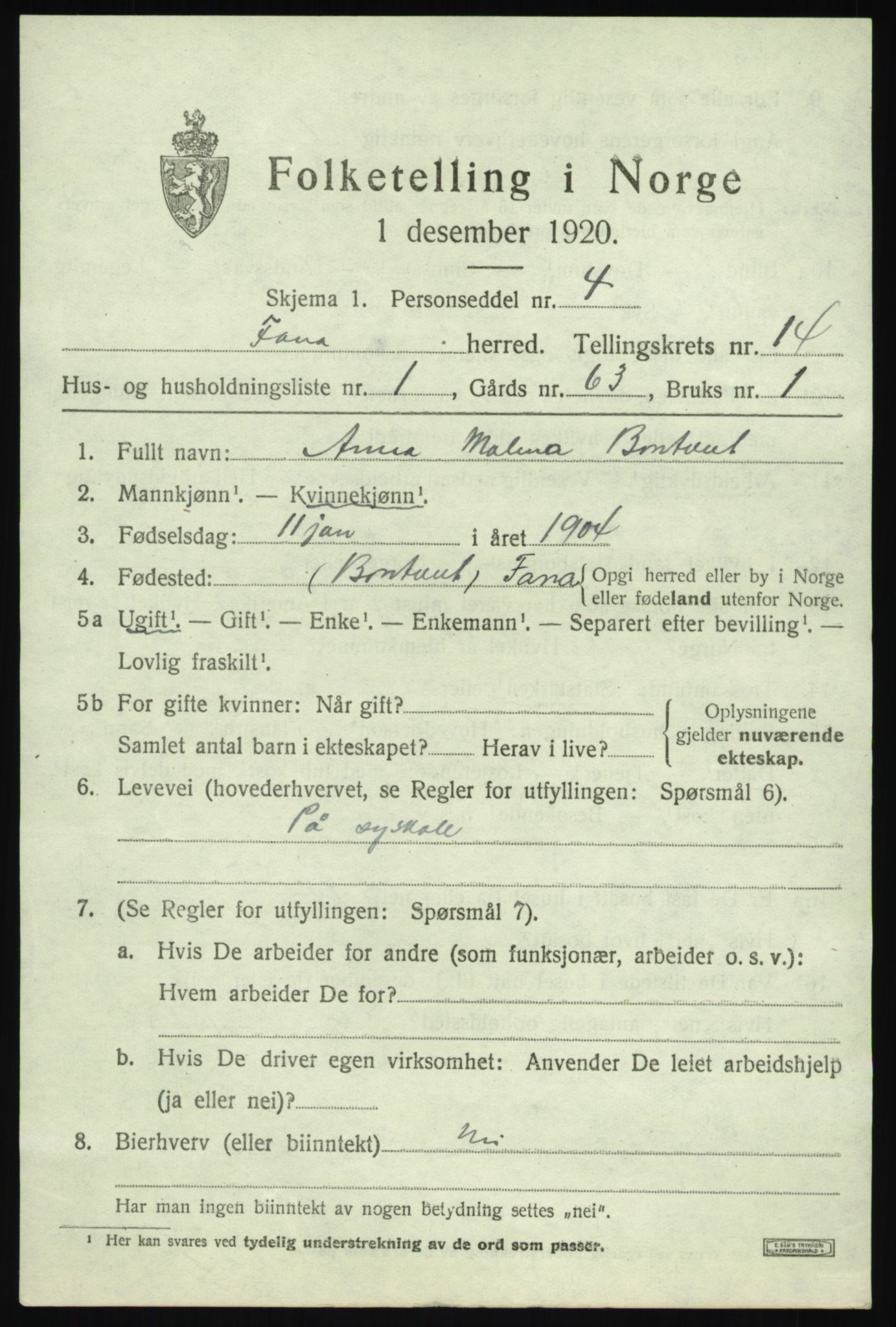 SAB, 1920 census for Fana, 1920, p. 20559