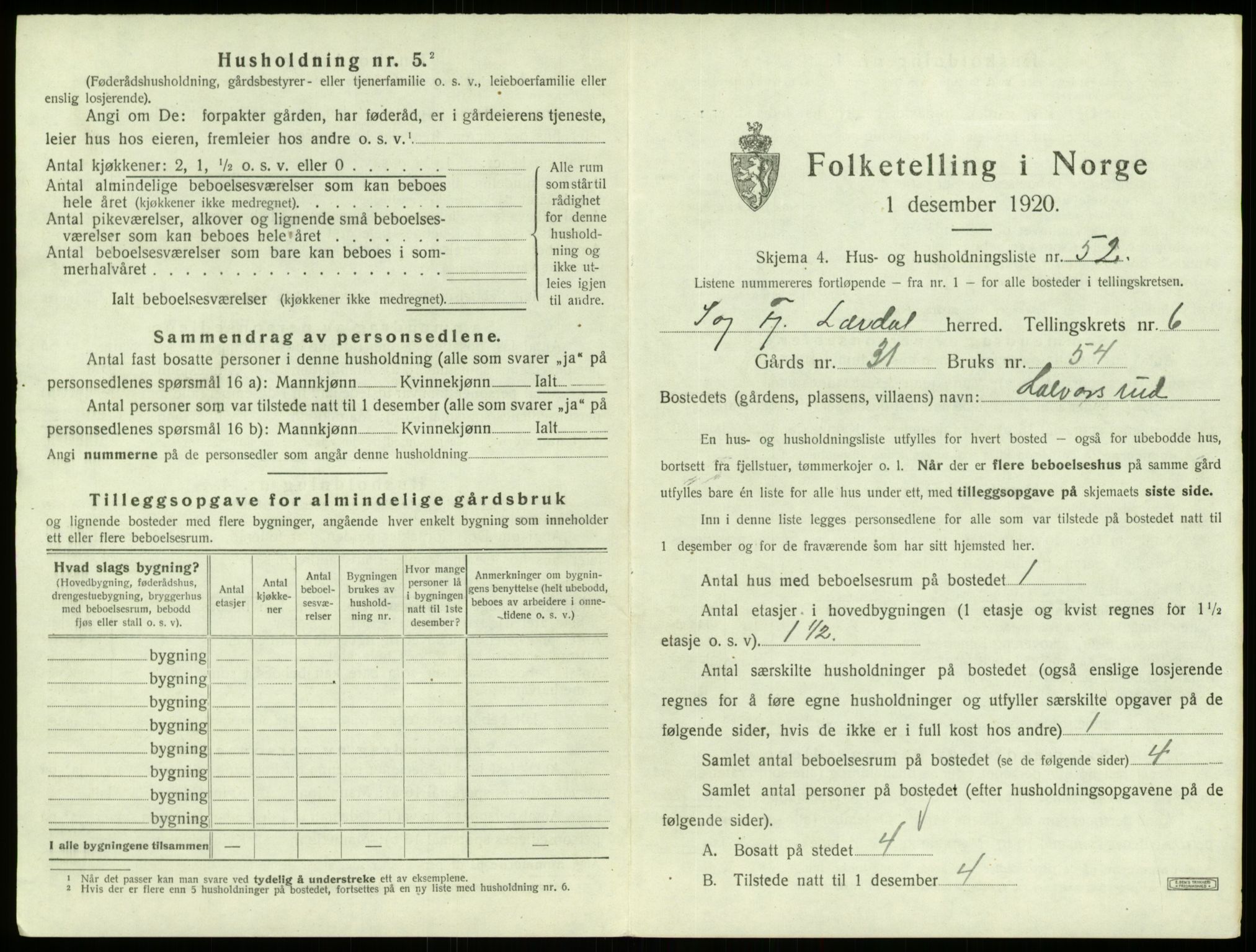 SAB, 1920 census for Lærdal, 1920, p. 524