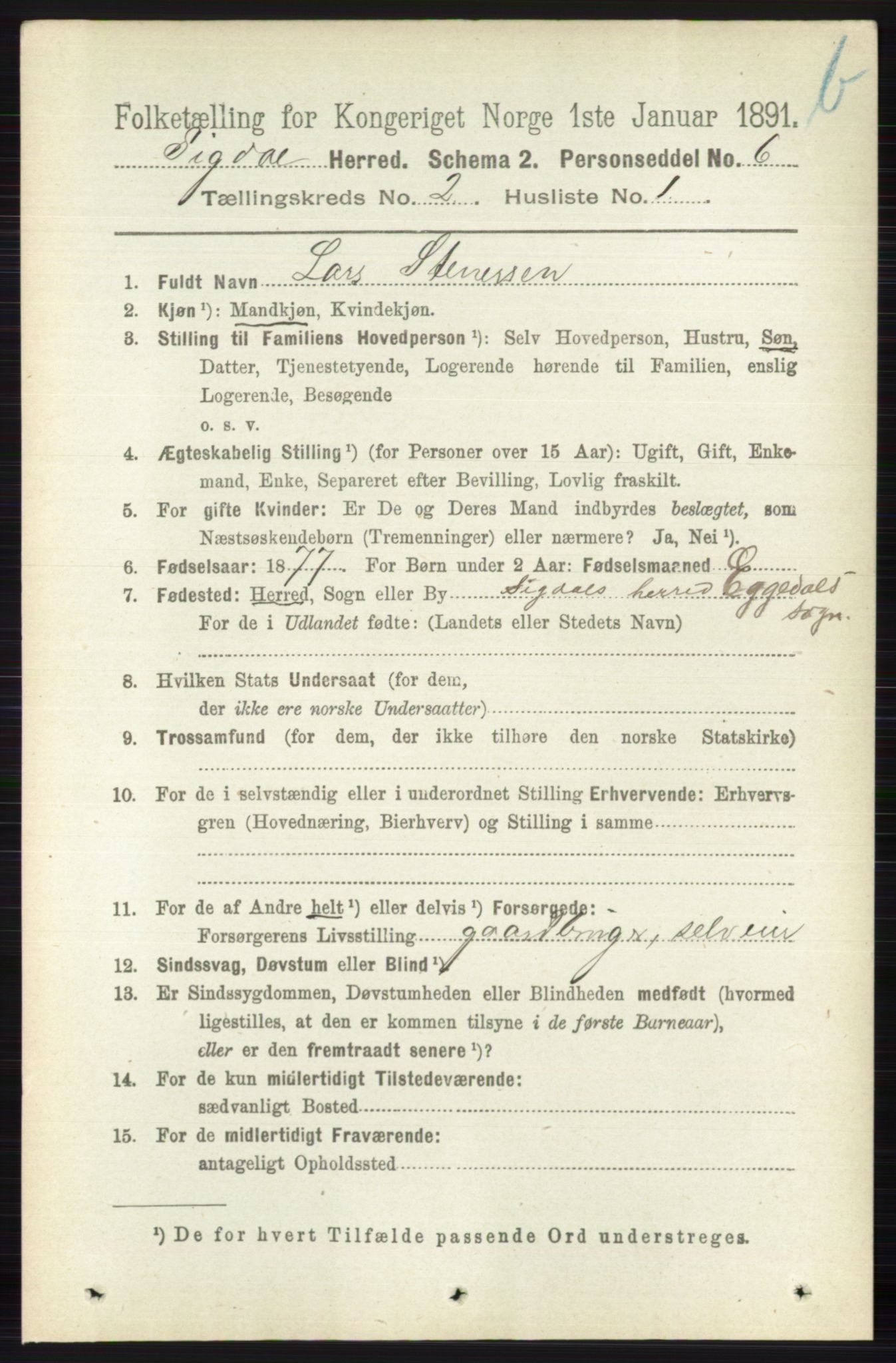 RA, 1891 census for 0621 Sigdal, 1891, p. 3923