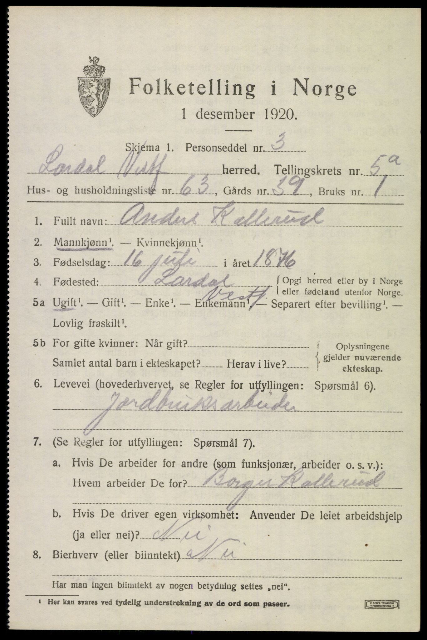 SAKO, 1920 census for Lardal, 1920, p. 5171