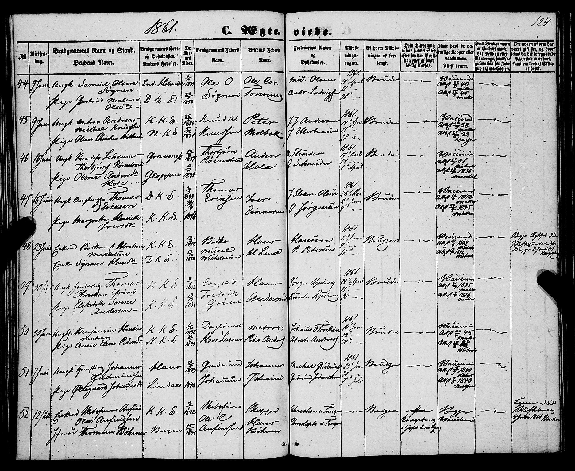 Korskirken sokneprestembete, SAB/A-76101/H/Haa/L0035: Parish register (official) no. D 2, 1852-1867, p. 124
