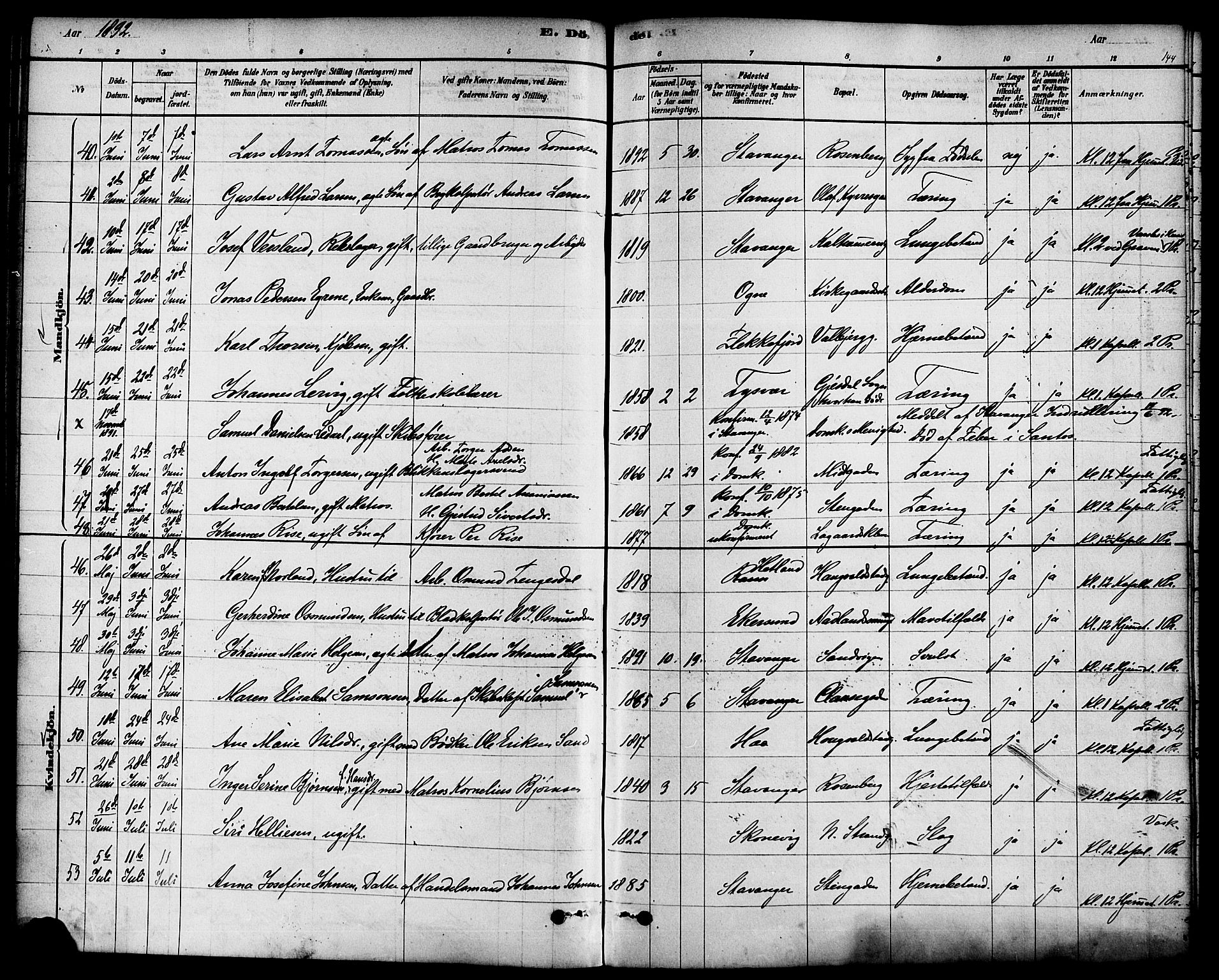 Domkirken sokneprestkontor, SAST/A-101812/001/30/30BA/L0027: Parish register (official) no. A 26, 1878-1896, p. 144