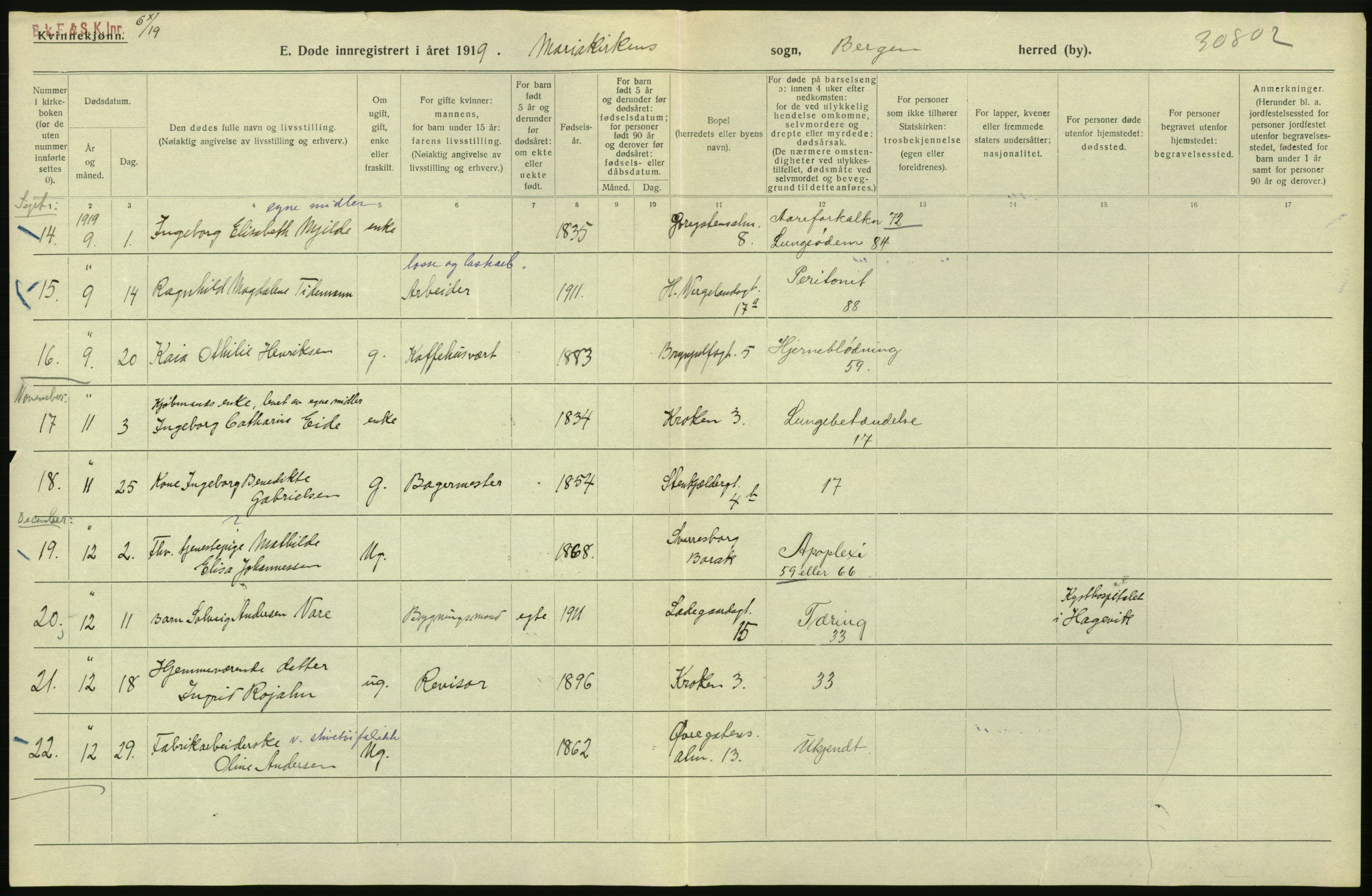 Statistisk sentralbyrå, Sosiodemografiske emner, Befolkning, RA/S-2228/D/Df/Dfb/Dfbi/L0035: Bergen: Gifte, døde, dødfødte., 1919, p. 542