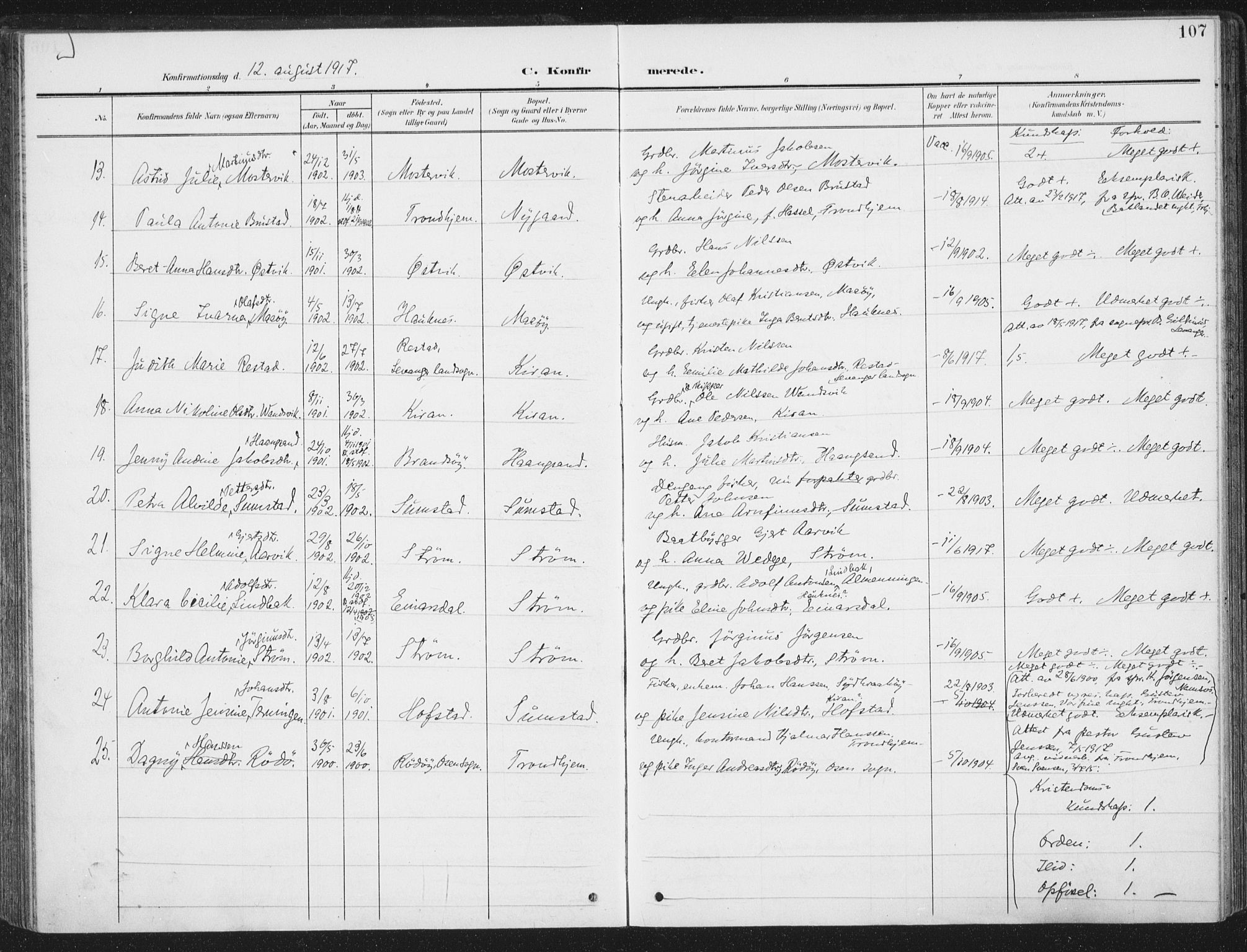 Ministerialprotokoller, klokkerbøker og fødselsregistre - Sør-Trøndelag, AV/SAT-A-1456/657/L0709: Parish register (official) no. 657A10, 1905-1919, p. 107