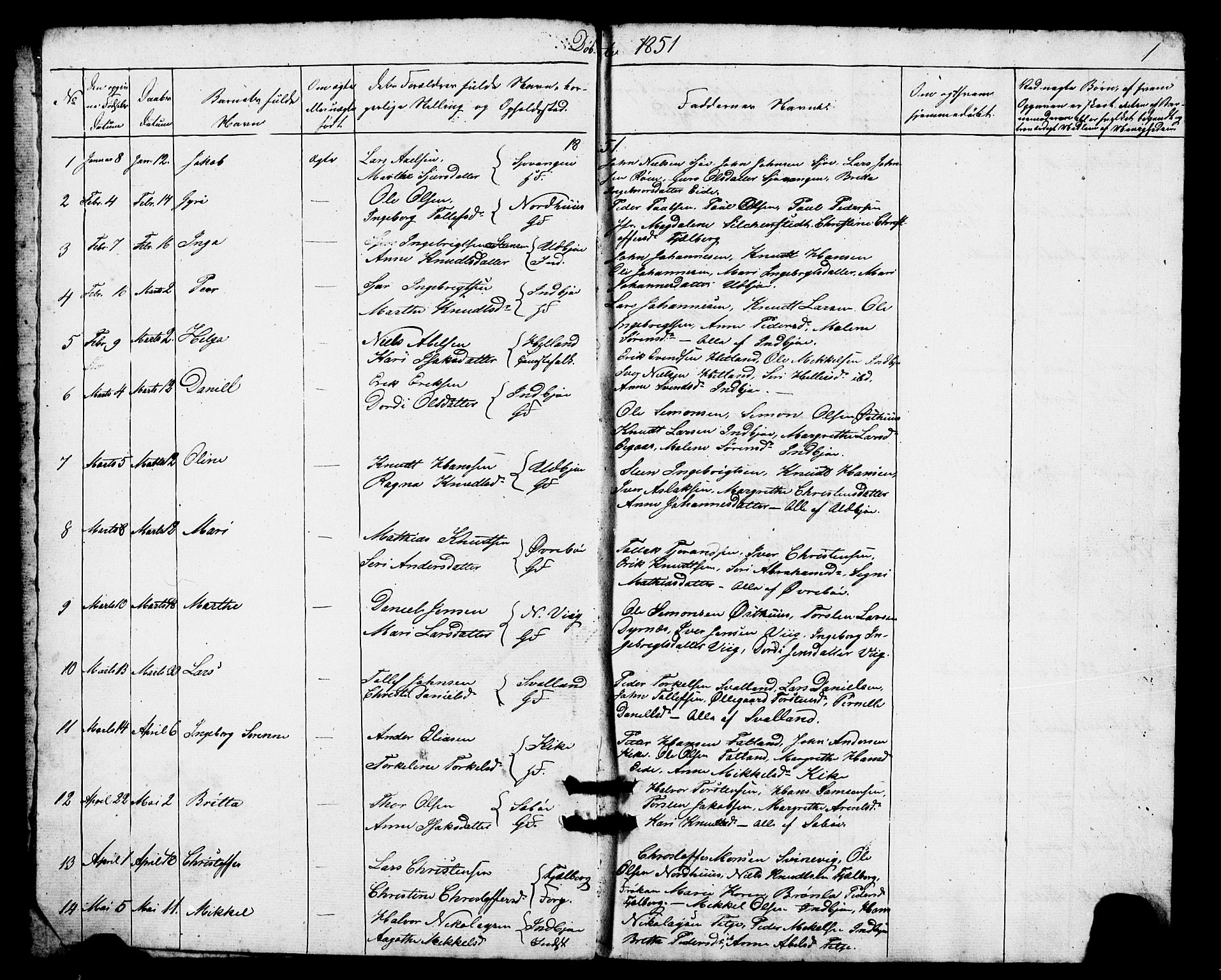 Fjelberg sokneprestembete, SAB/A-75201/H/Hab: Parish register (copy) no. A 2, 1851-1864, p. 1