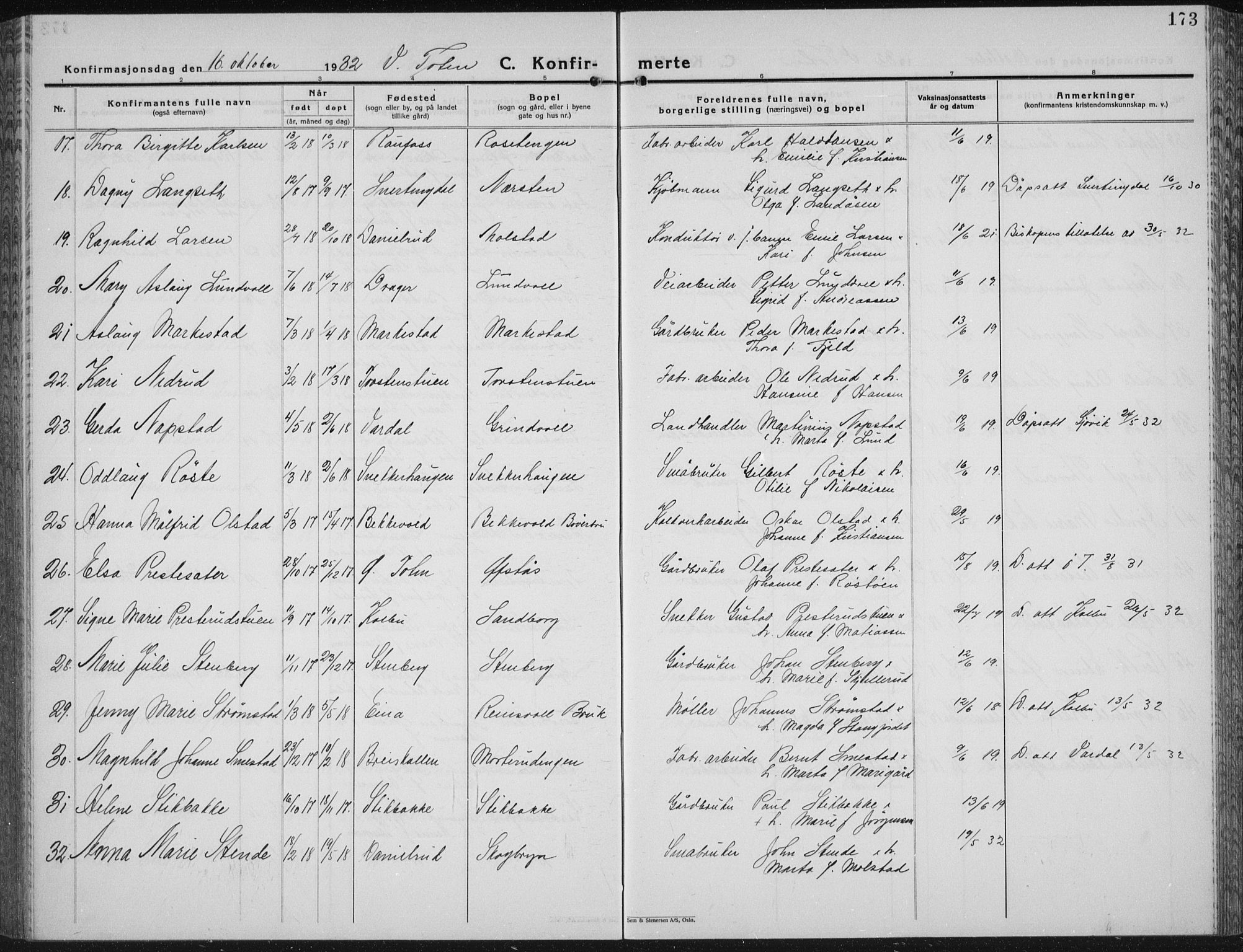 Vestre Toten prestekontor, AV/SAH-PREST-108/H/Ha/Hab/L0018: Parish register (copy) no. 18, 1928-1941, p. 173