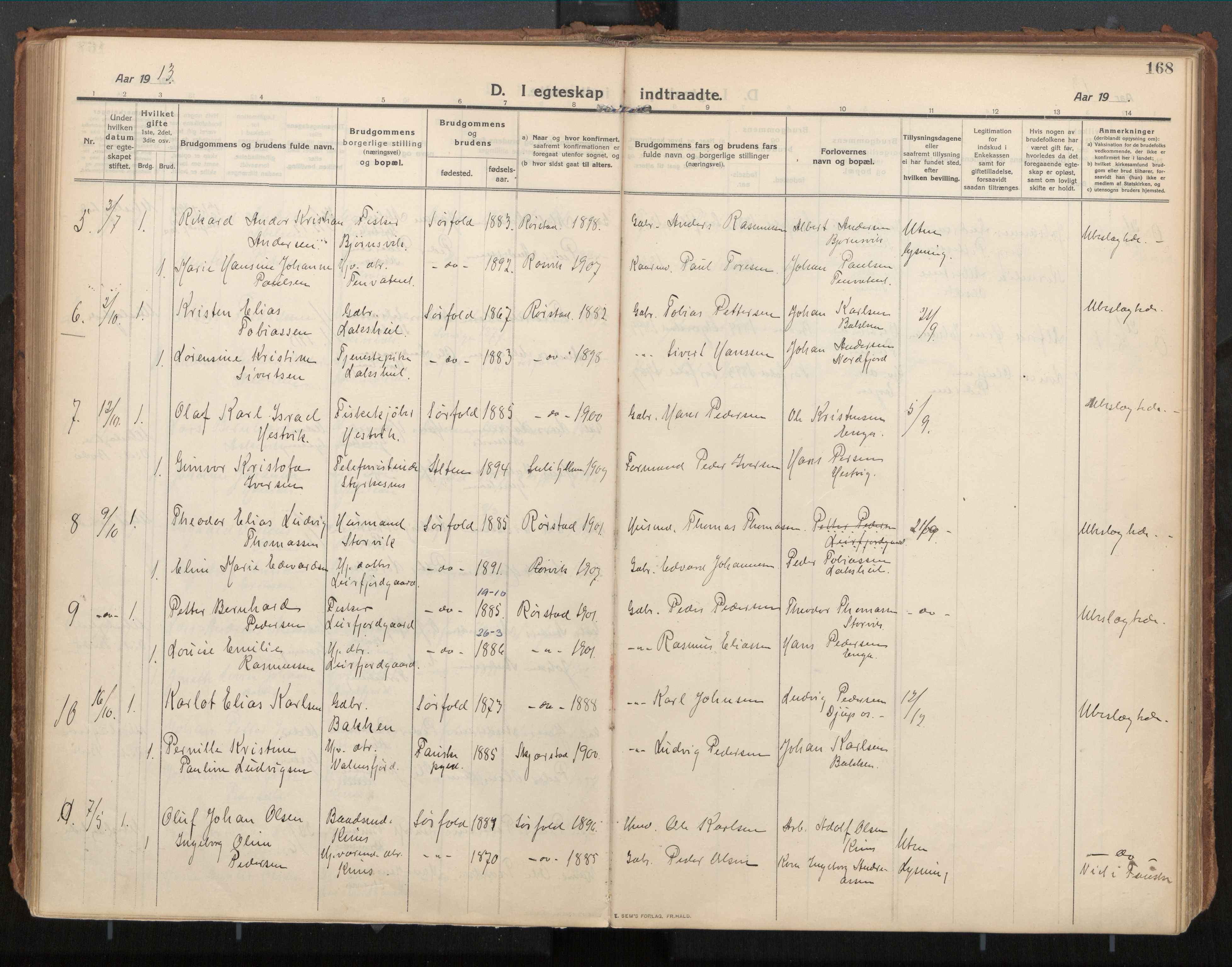 Ministerialprotokoller, klokkerbøker og fødselsregistre - Nordland, SAT/A-1459/854/L0784: Parish register (official) no. 854A07, 1910-1922, p. 168