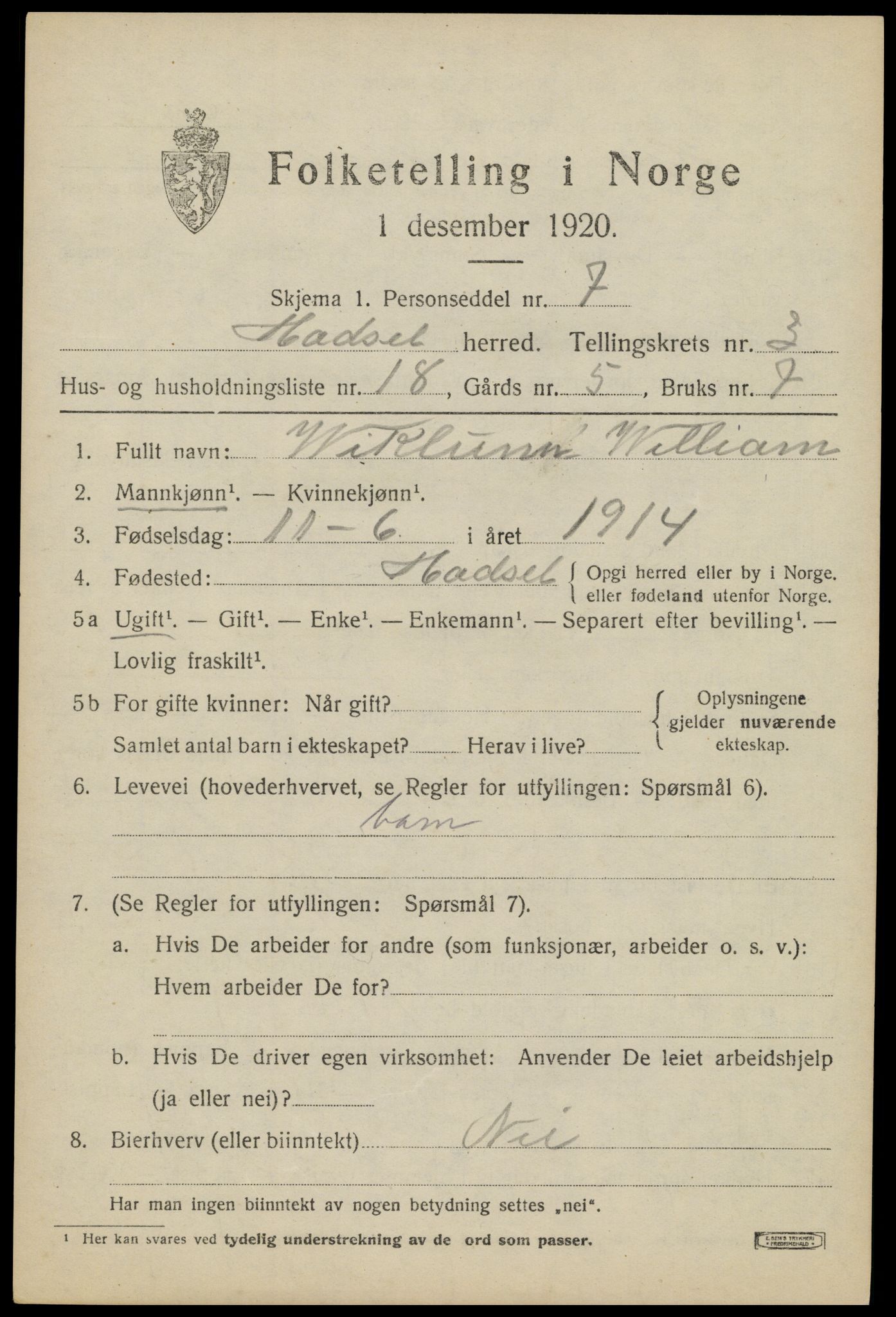 SAT, 1920 census for Hadsel, 1920, p. 5266