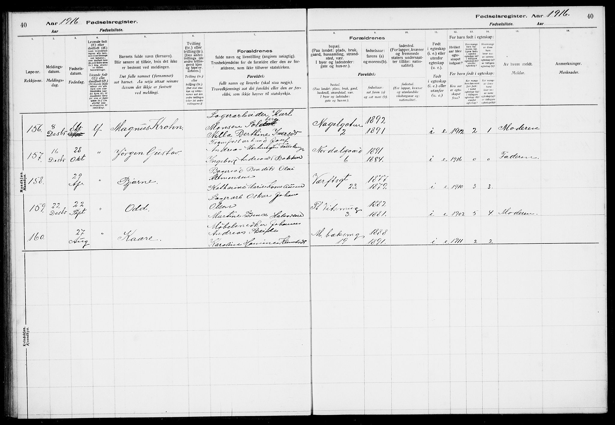 Nykirken Sokneprestembete, AV/SAB-A-77101/I/Id/L00A1: Birth register no. A 1, 1916-1922, p. 40