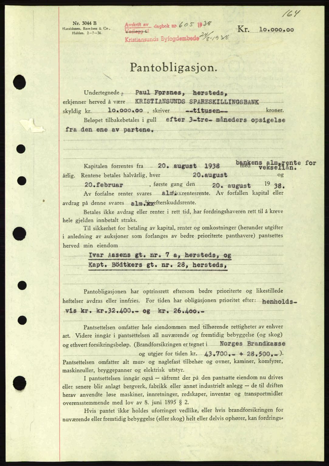 Kristiansund byfogd, SAT/A-4587/A/27: Mortgage book no. 31, 1938-1939, Diary no: : 605/1938
