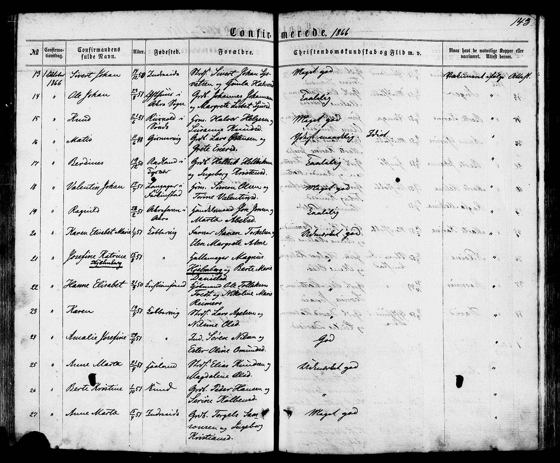 Avaldsnes sokneprestkontor, SAST/A -101851/H/Ha/Haa/L0011: Parish register (official) no. A 11, 1861-1880, p. 143
