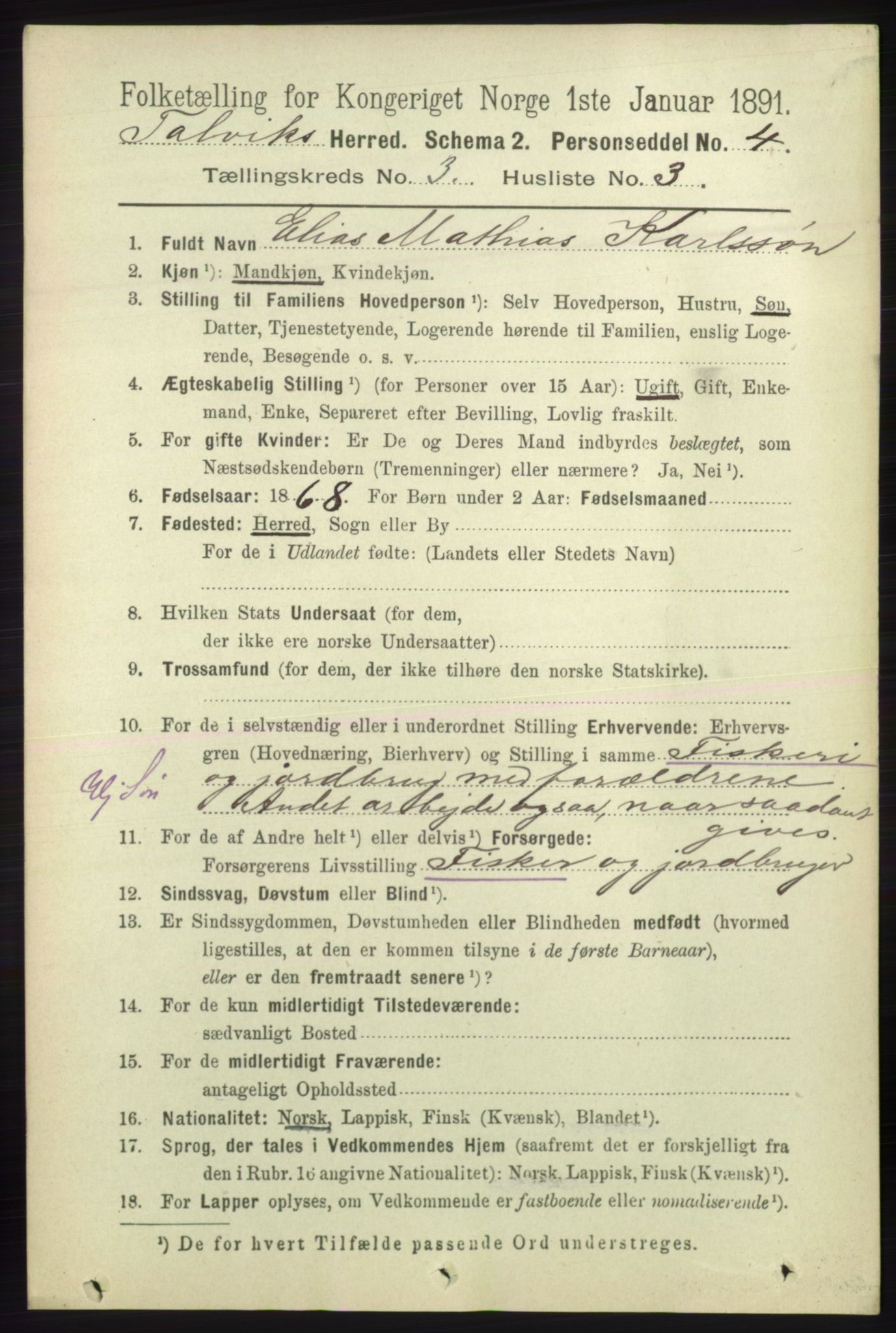 RA, 1891 census for 2013 Talvik, 1891, p. 734