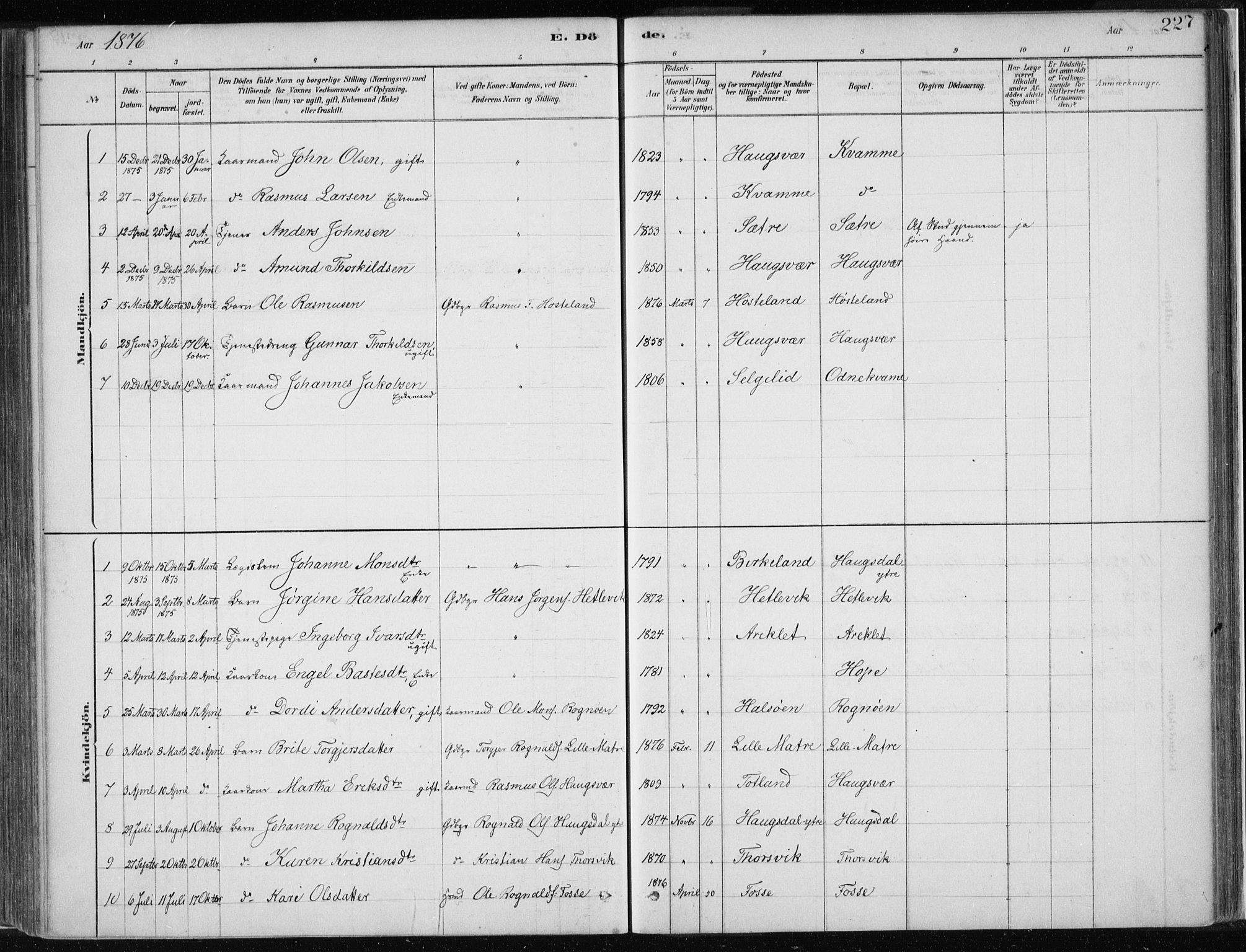 Masfjorden Sokneprestembete, AV/SAB-A-77001: Parish register (official) no. B  1, 1876-1899, p. 227