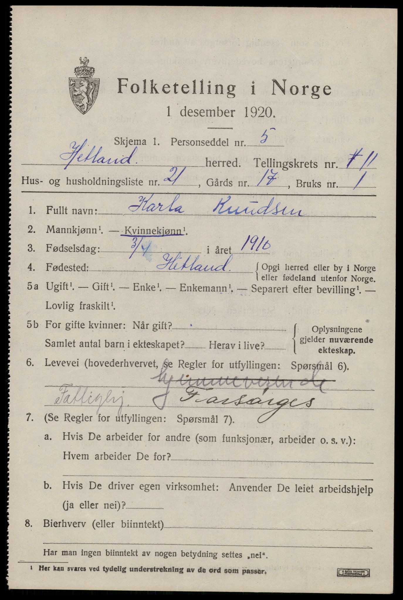 SAST, 1920 census for Hetland, 1920, p. 20287