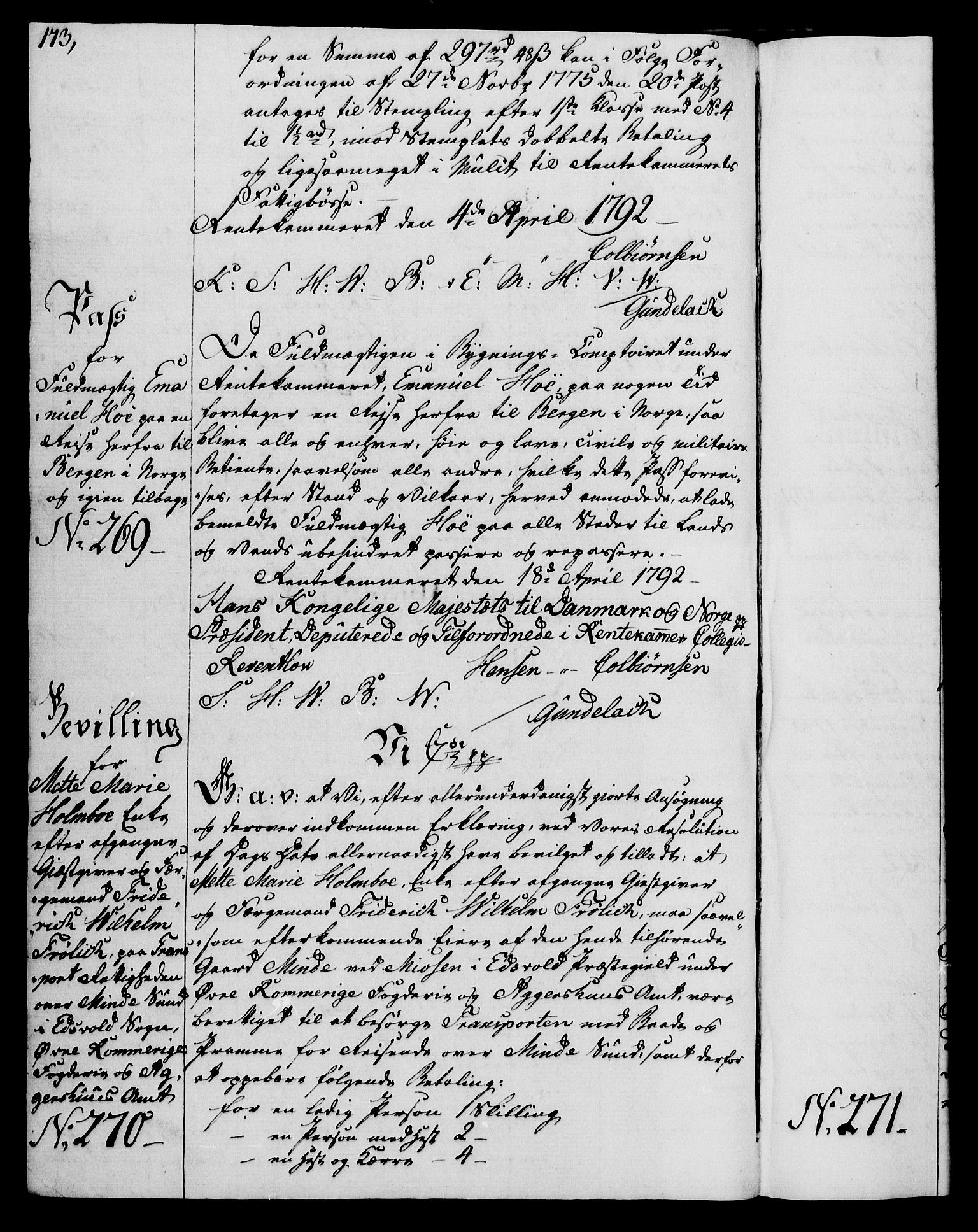 Rentekammeret, Kammerkanselliet, AV/RA-EA-3111/G/Gg/Gga/L0015: Norsk ekspedisjonsprotokoll med register (merket RK 53.15), 1790-1791, p. 173