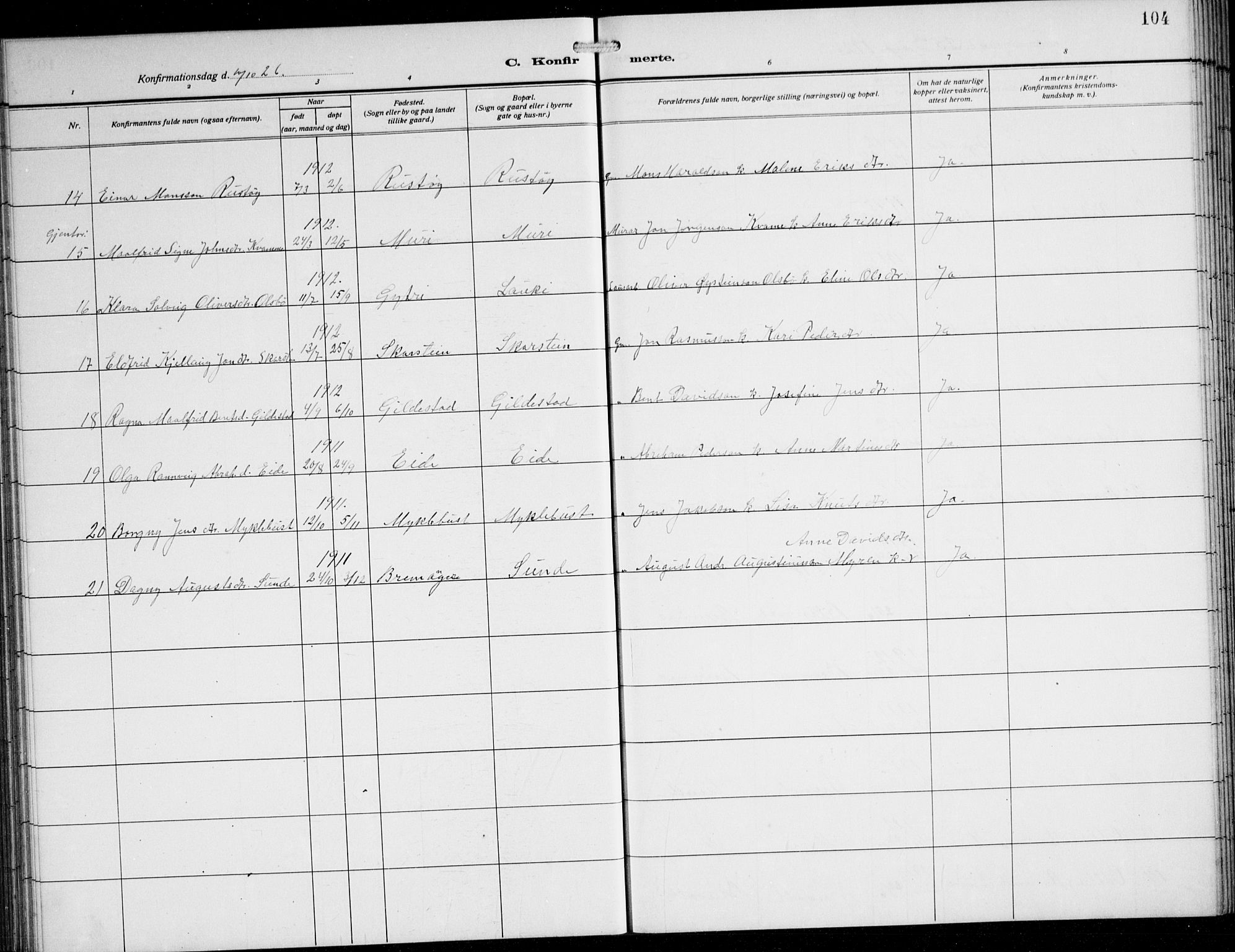 Innvik sokneprestembete, AV/SAB-A-80501: Parish register (copy) no. B 5, 1915-1943, p. 104