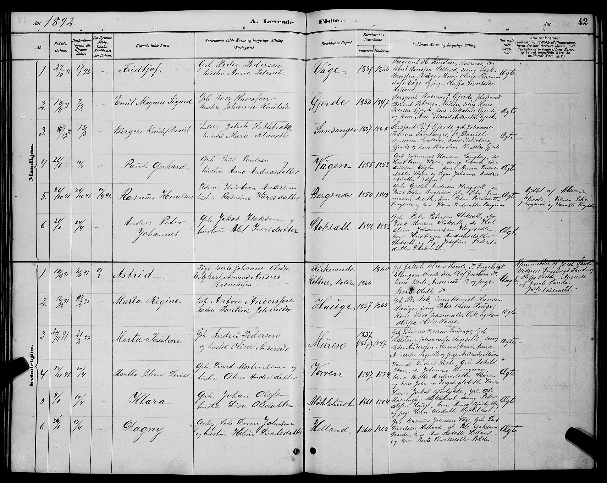 Ministerialprotokoller, klokkerbøker og fødselsregistre - Møre og Romsdal, AV/SAT-A-1454/503/L0048: Parish register (copy) no. 503C03, 1885-1893, p. 42