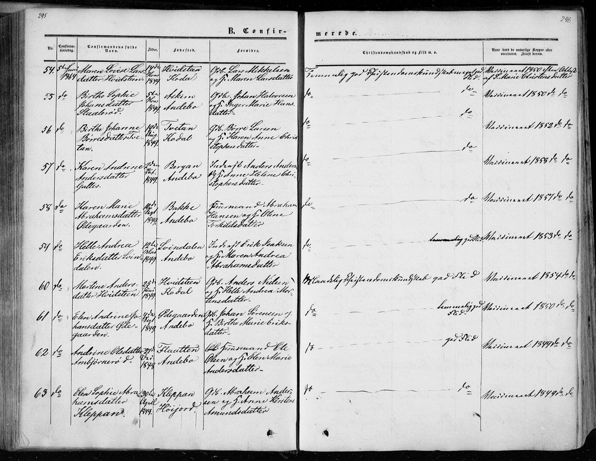 Andebu kirkebøker, AV/SAKO-A-336/F/Fa/L0005: Parish register (official) no. 5, 1857-1870, p. 295-296