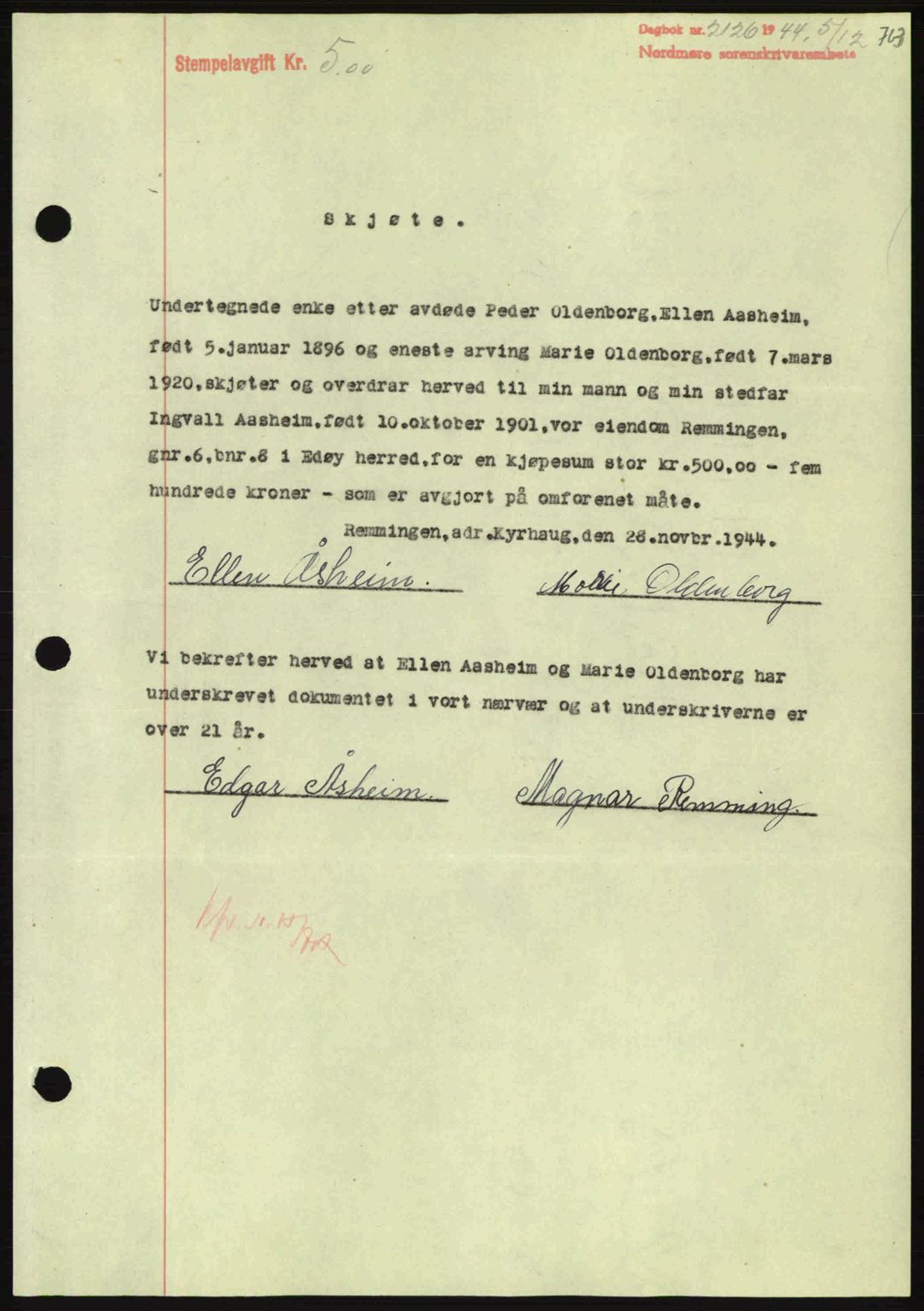 Nordmøre sorenskriveri, AV/SAT-A-4132/1/2/2Ca: Mortgage book no. A98, 1944-1944, Diary no: : 2126/1944