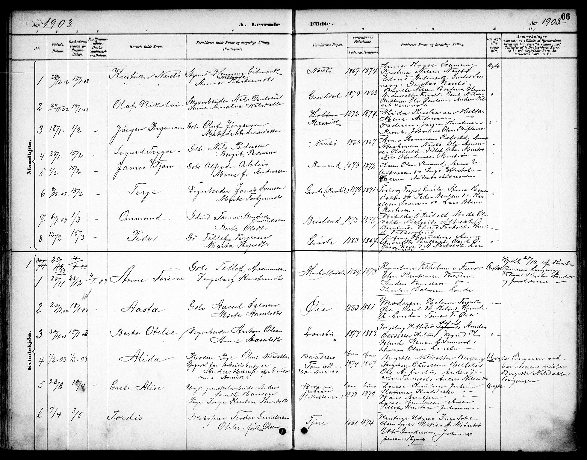 Hommedal sokneprestkontor, SAK/1111-0023/F/Fb/Fbb/L0007: Parish register (copy) no. B 7, 1885-1904, p. 66