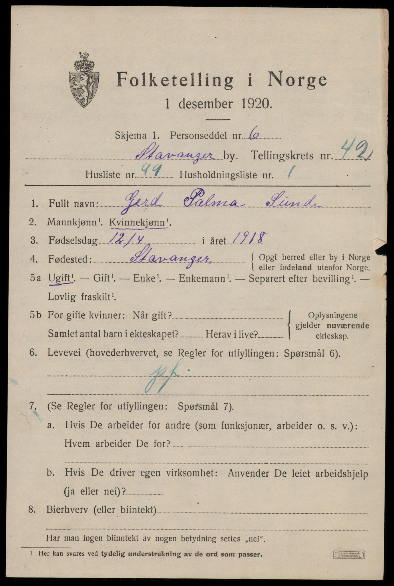 SAST, 1920 census for Stavanger, 1920, p. 106794