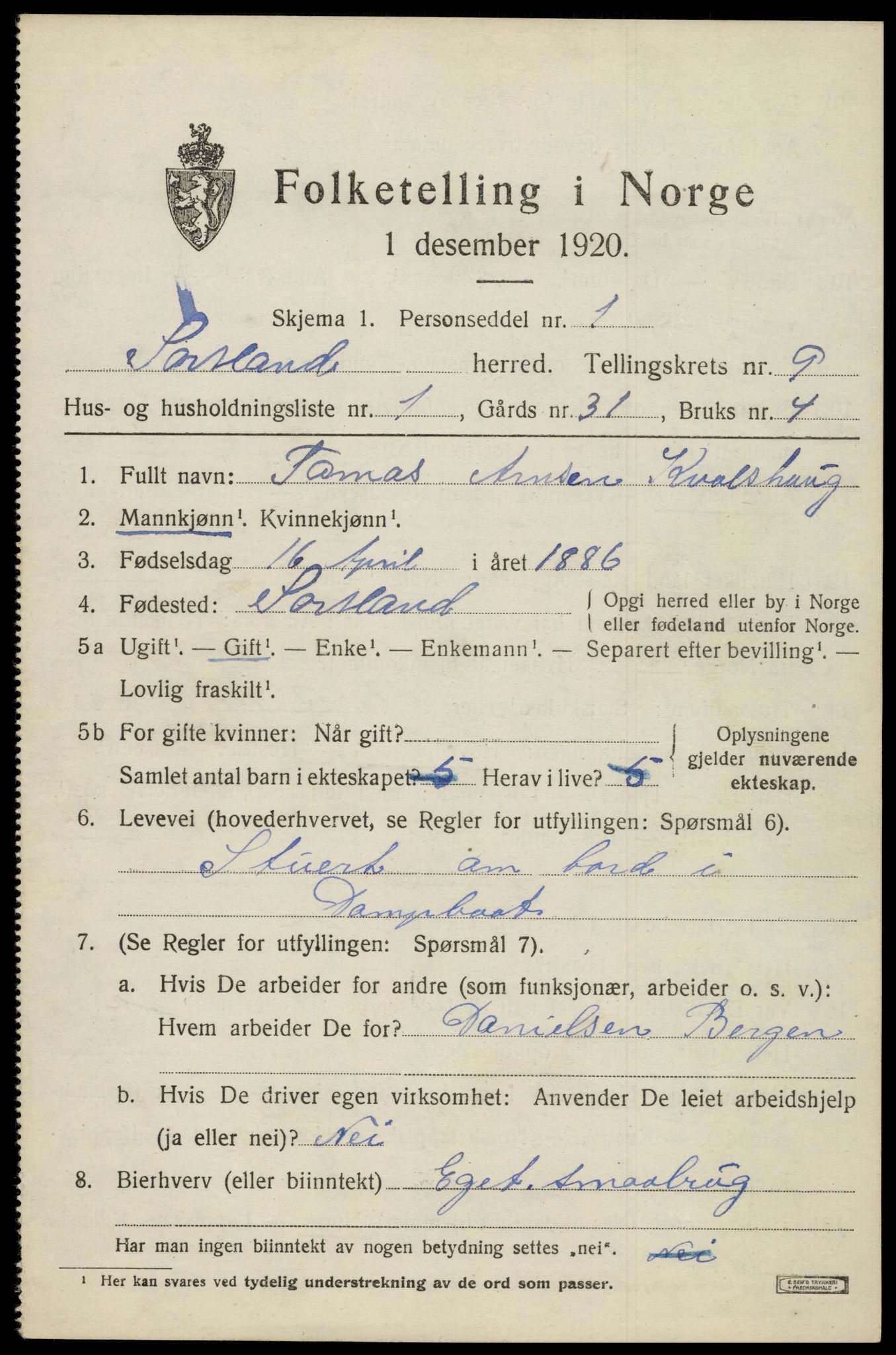 SAT, 1920 census for Sortland, 1920, p. 7124