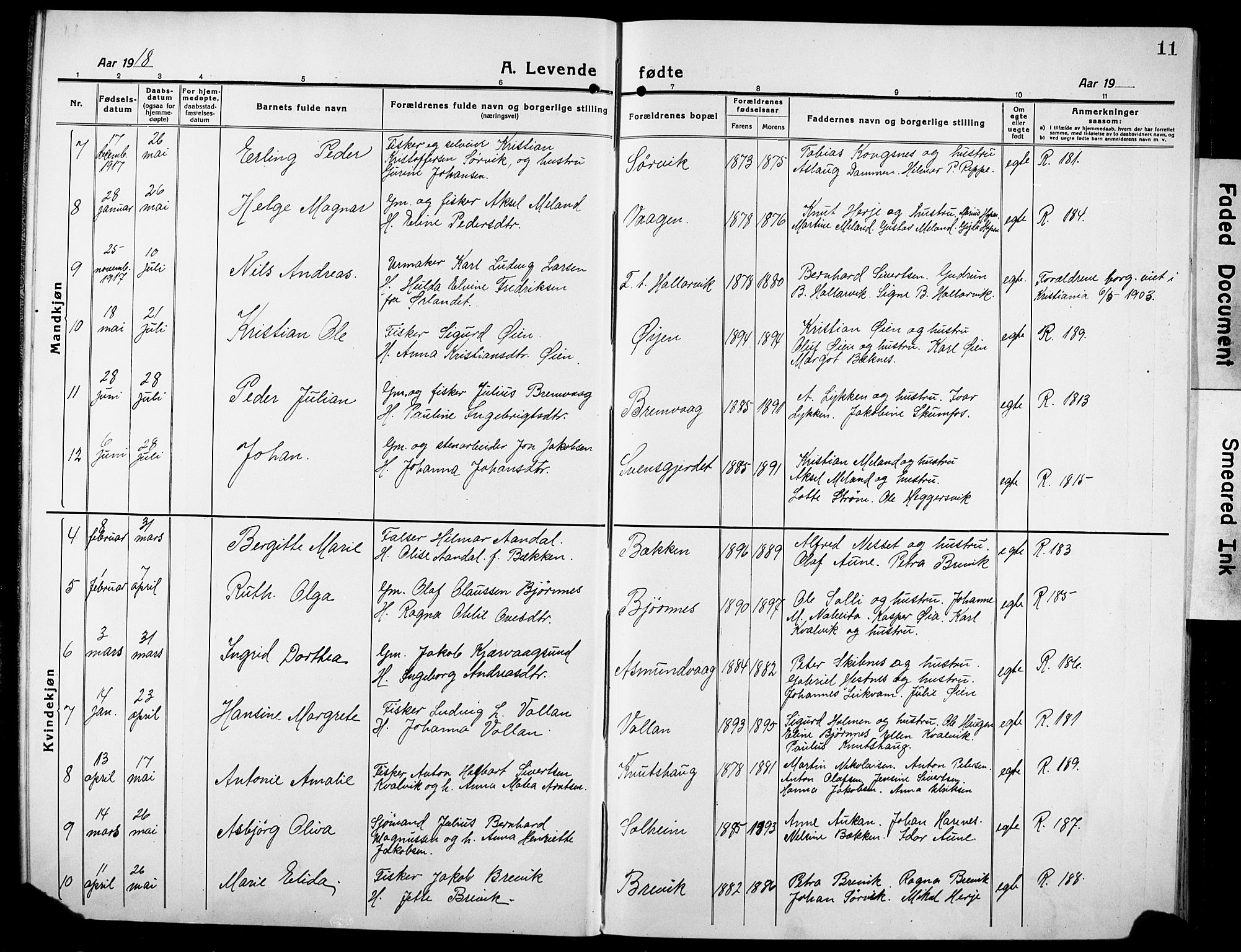 Ministerialprotokoller, klokkerbøker og fødselsregistre - Sør-Trøndelag, SAT/A-1456/634/L0543: Parish register (copy) no. 634C05, 1917-1928, p. 11