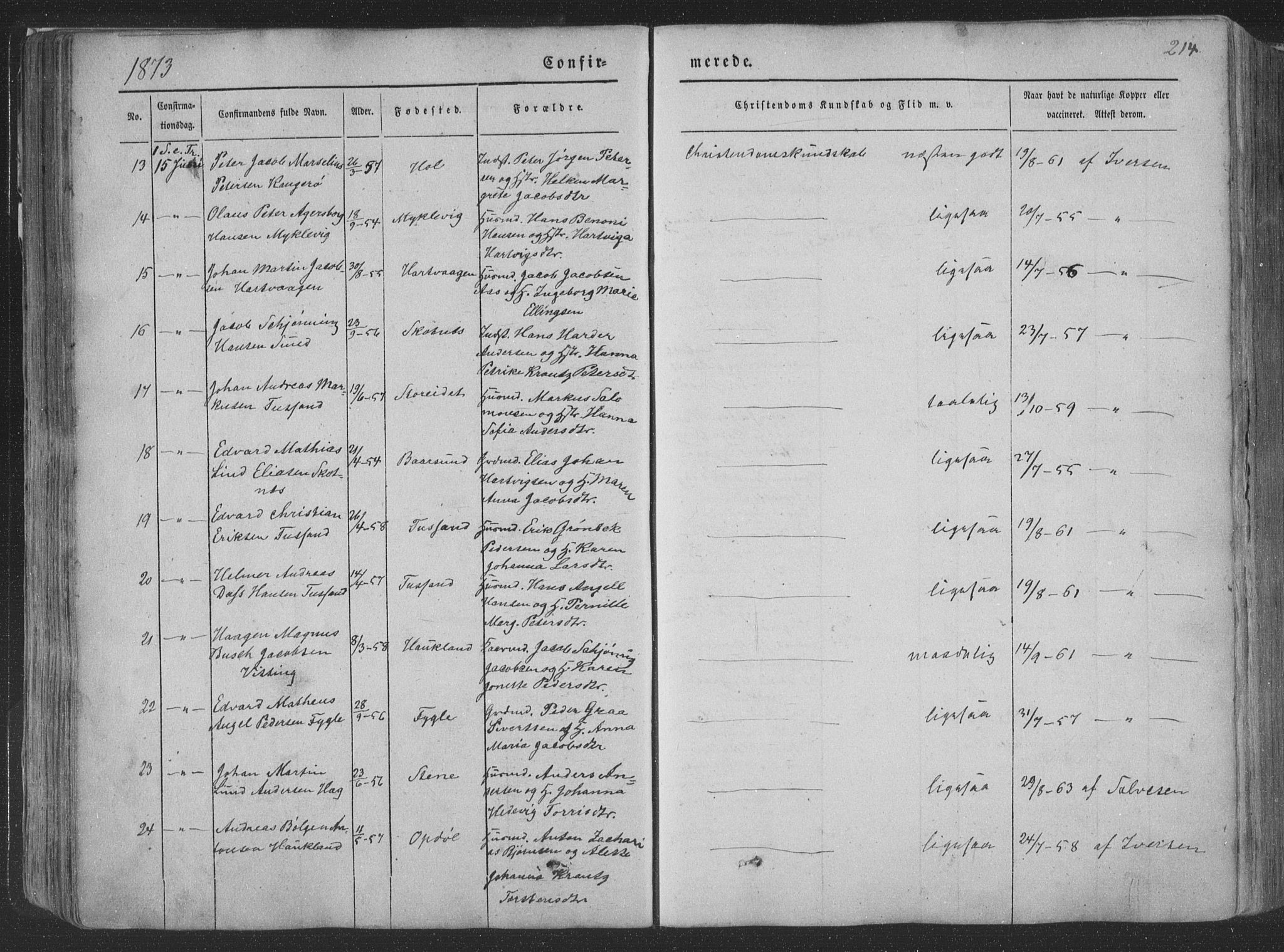 Ministerialprotokoller, klokkerbøker og fødselsregistre - Nordland, AV/SAT-A-1459/881/L1165: Parish register (copy) no. 881C02, 1854-1876, p. 214