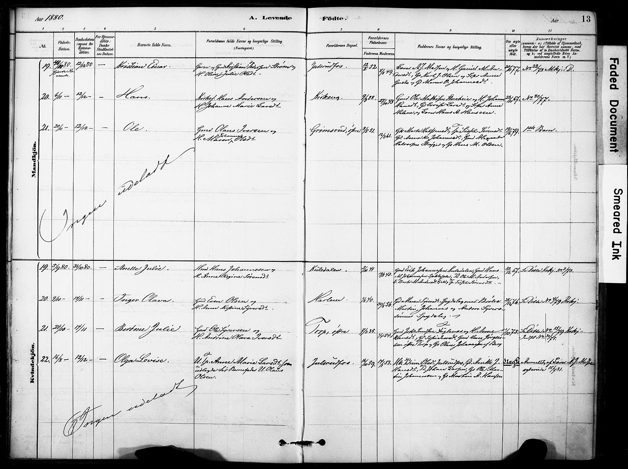 Rakkestad prestekontor Kirkebøker, AV/SAO-A-2008/F/Fb/L0001: Parish register (official) no. II 1, 1878-1899, p. 13