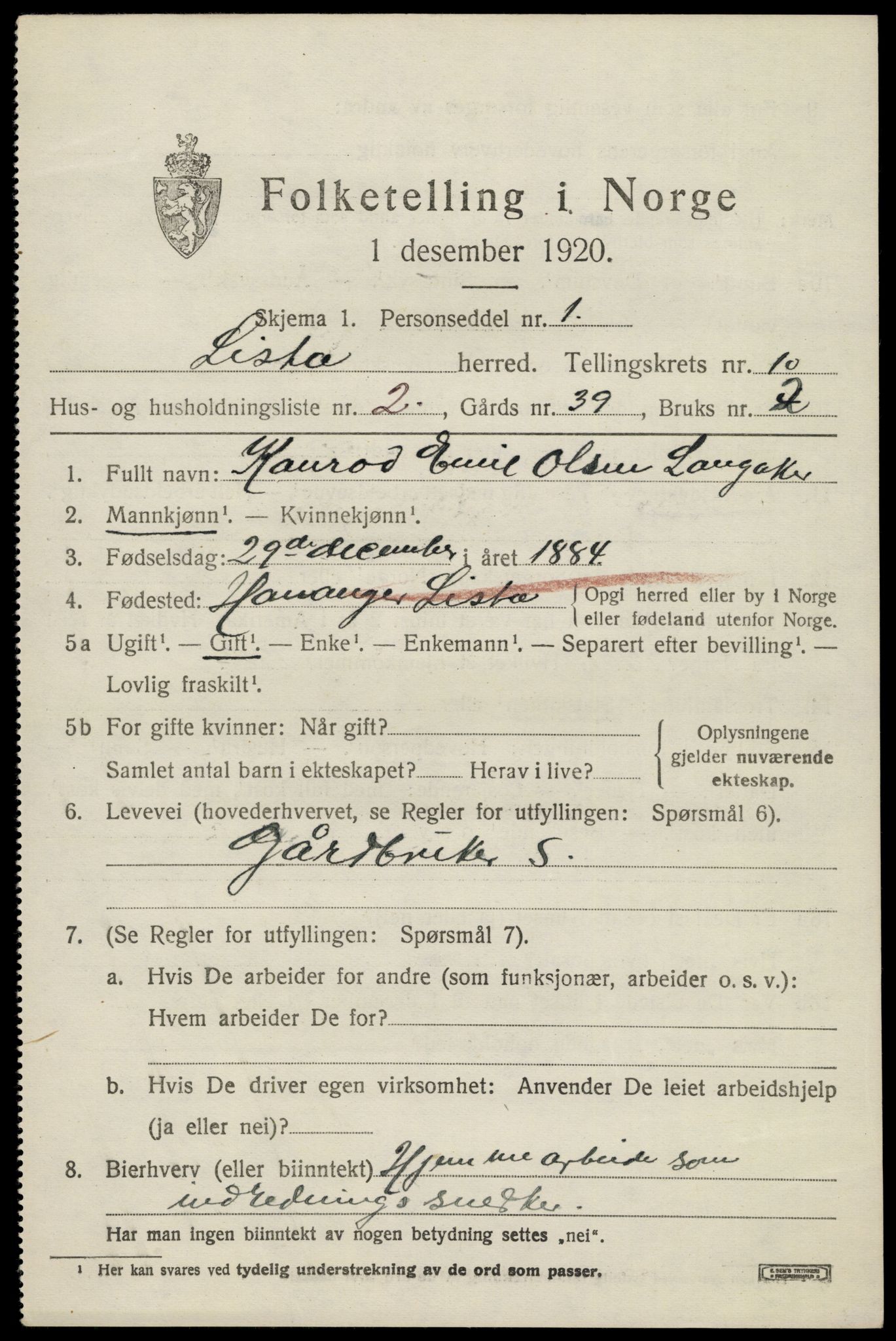 SAK, 1920 census for Lista, 1920, p. 10163