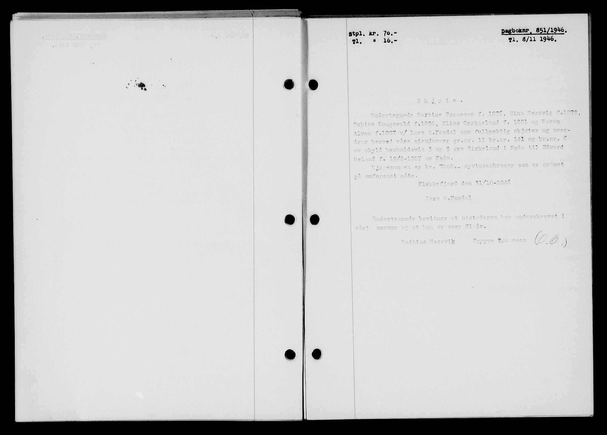 Flekkefjord sorenskriveri, SAK/1221-0001/G/Gb/Gba/L0061: Mortgage book no. A-9, 1946-1947, Diary no: : 851/1946