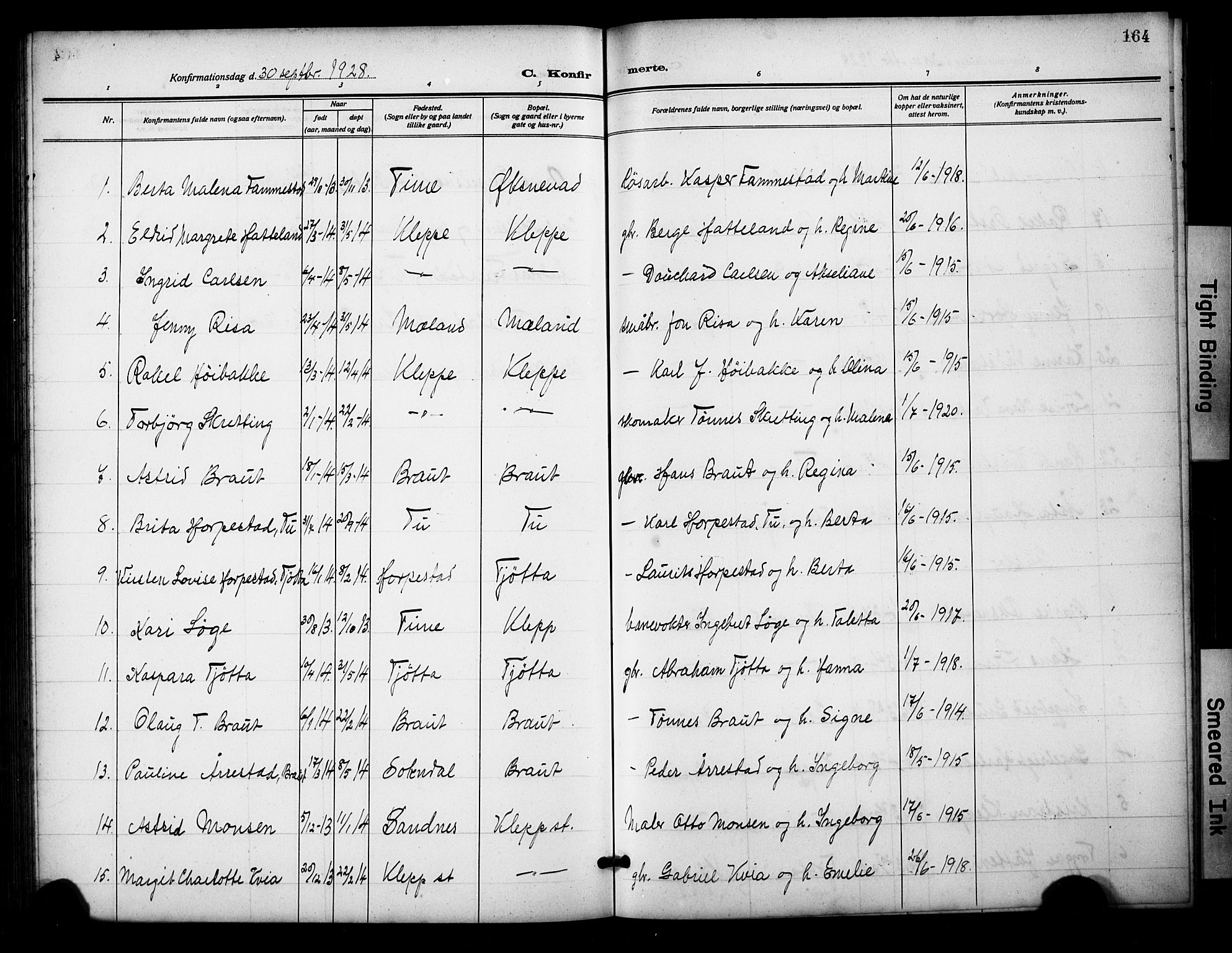 Klepp sokneprestkontor, SAST/A-101803/001/3/30BB/L0007: Parish register (copy) no. B 7, 1908-1934, p. 164