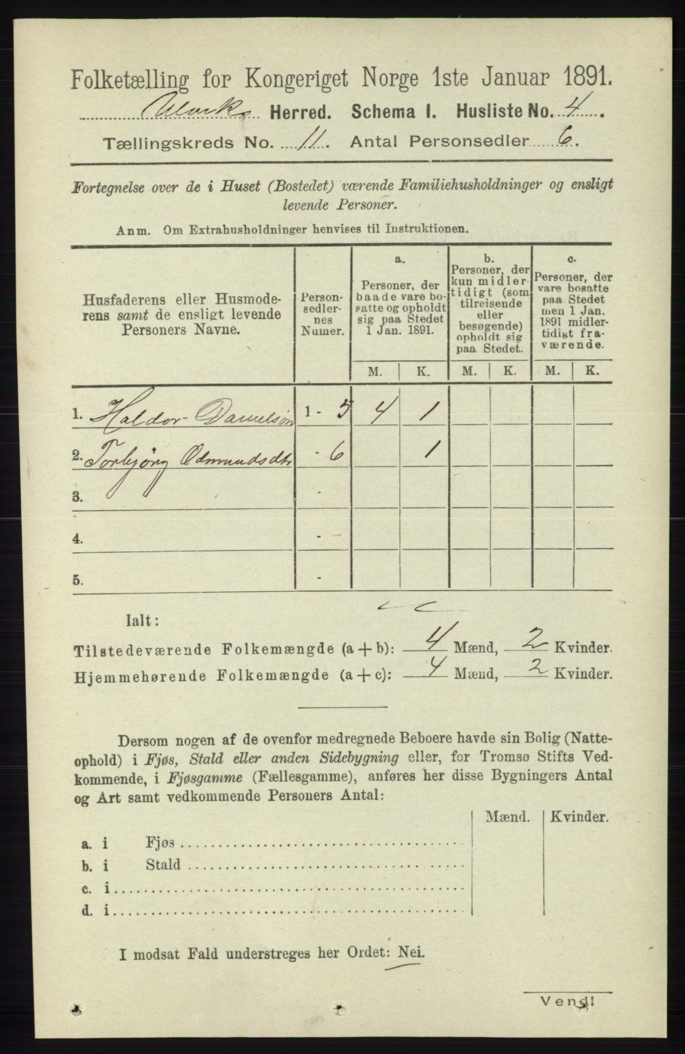 RA, 1891 census for 1233 Ulvik, 1891, p. 3443