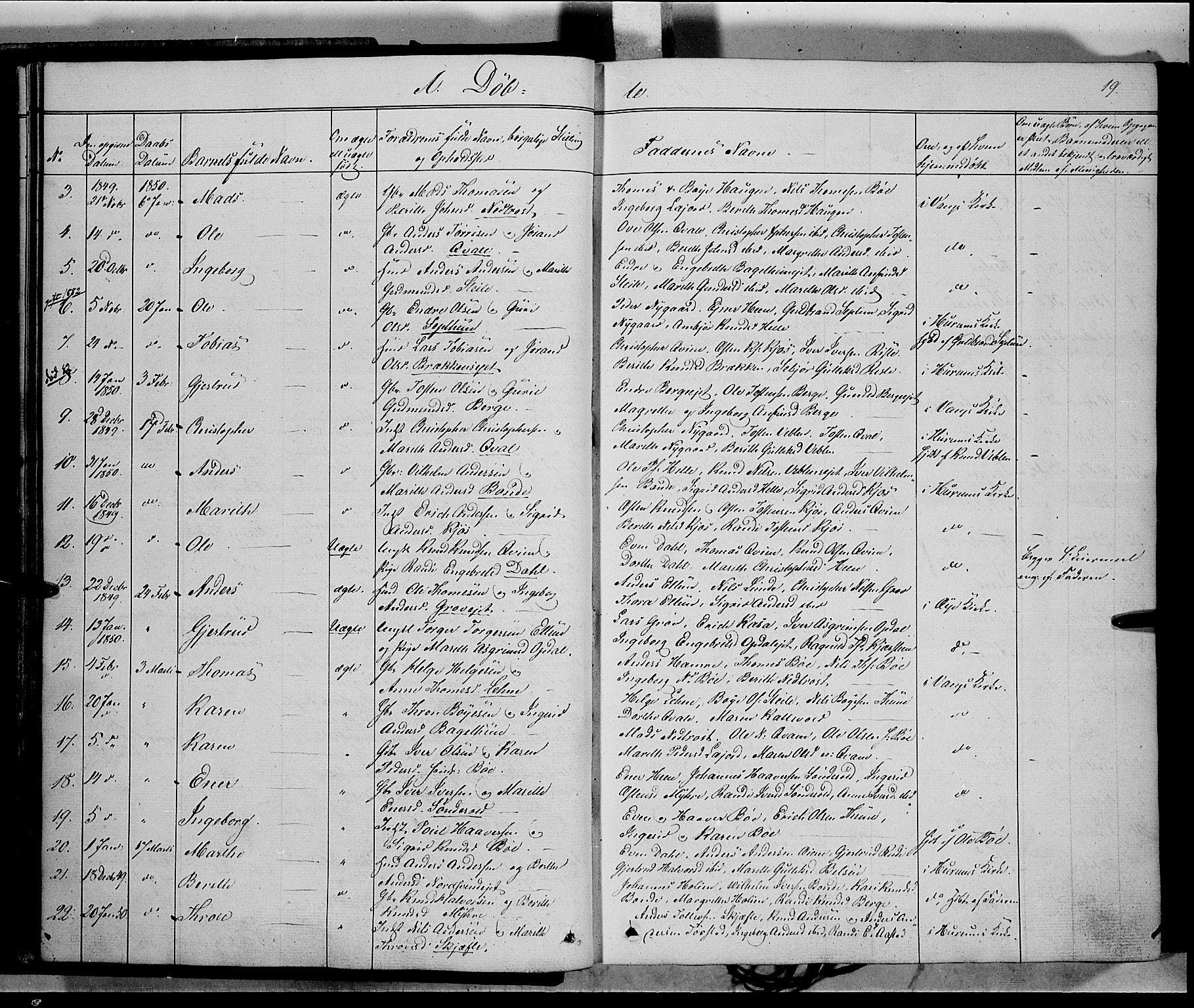 Vang prestekontor, Valdres, SAH/PREST-140/H/Ha/L0006: Parish register (official) no. 6, 1846-1864, p. 19
